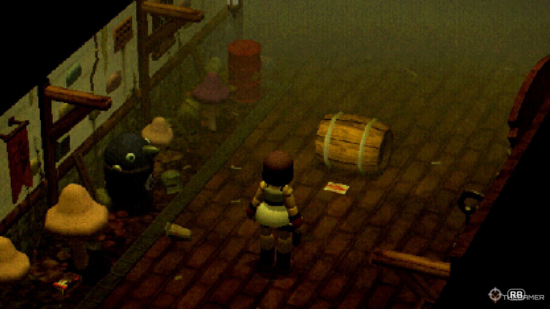 A player standing near a bloody note left behind by Arthur in Fairytale Town in Crow Country.