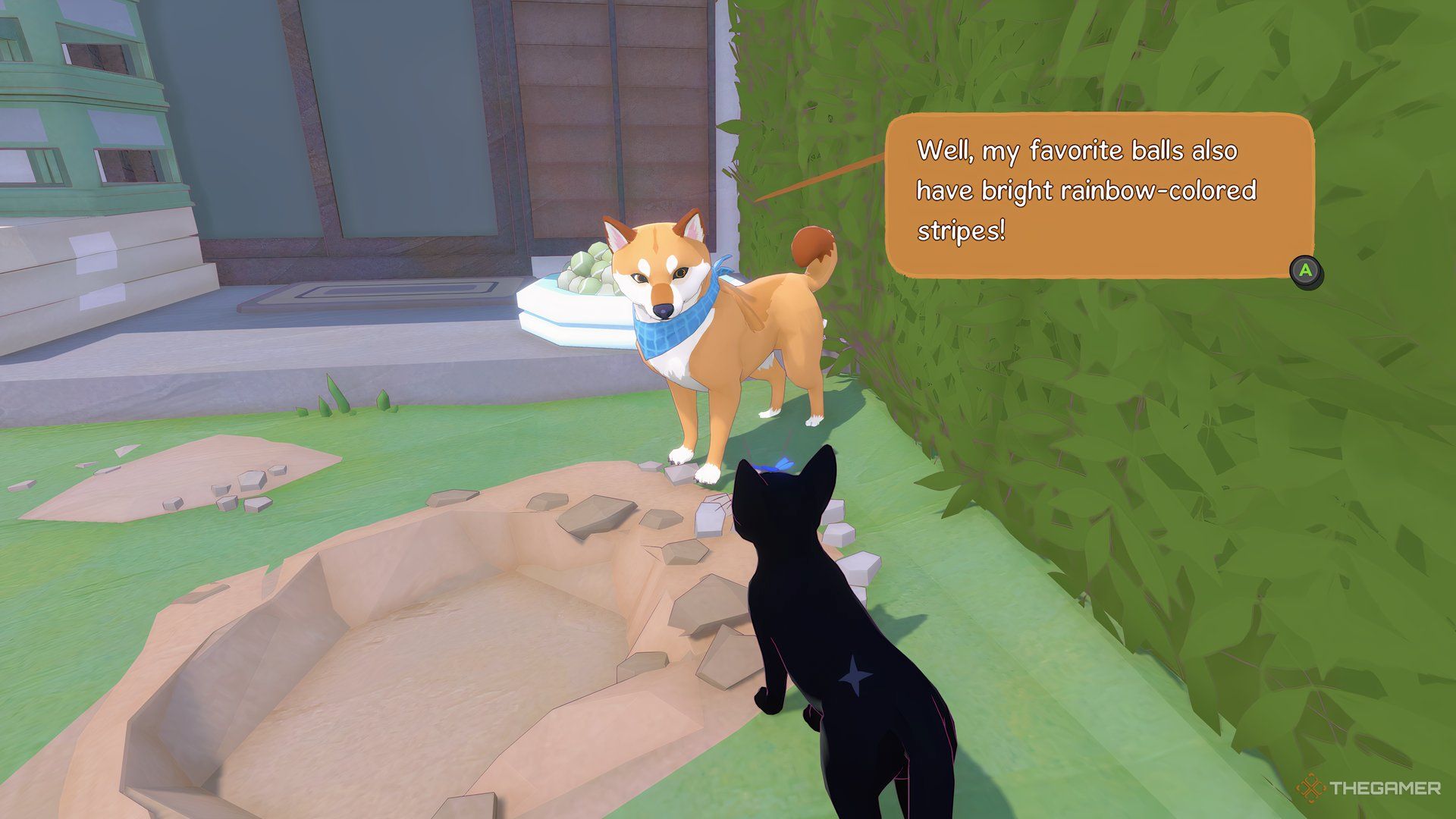 Dog standing in front of the hole talking about his bright rainbow-colored striped balls in Little Kitty, Big City.