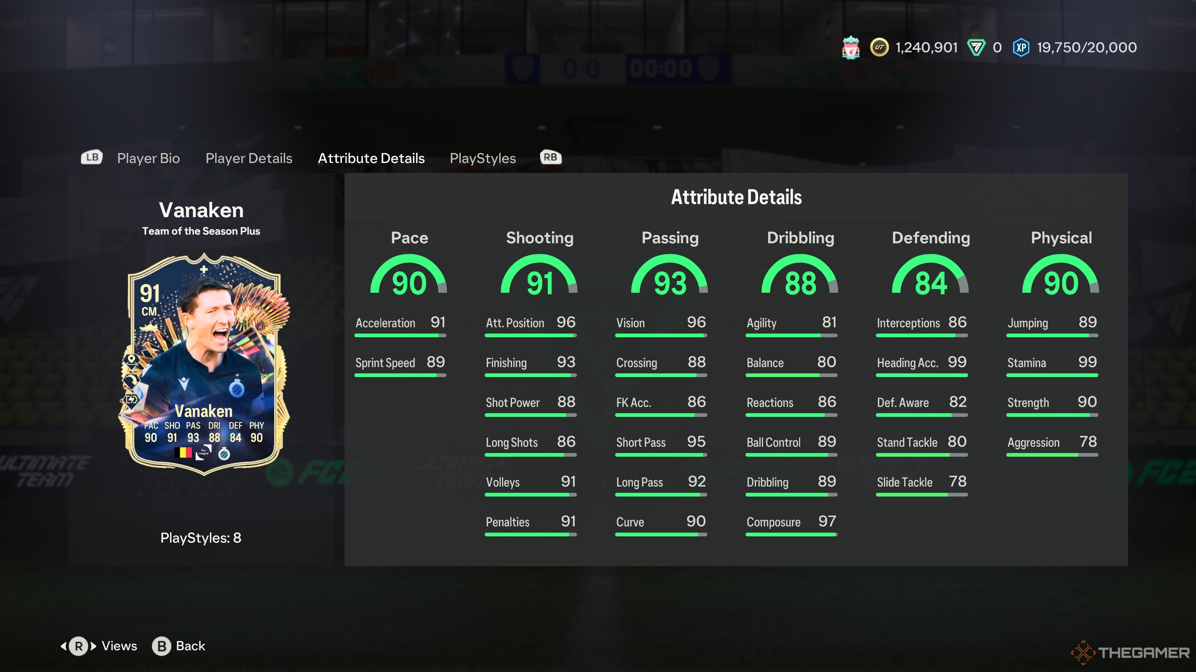 Hans Vanaken's TOTS Plus Card Attributes in the menu of EA Sports FC 24.
