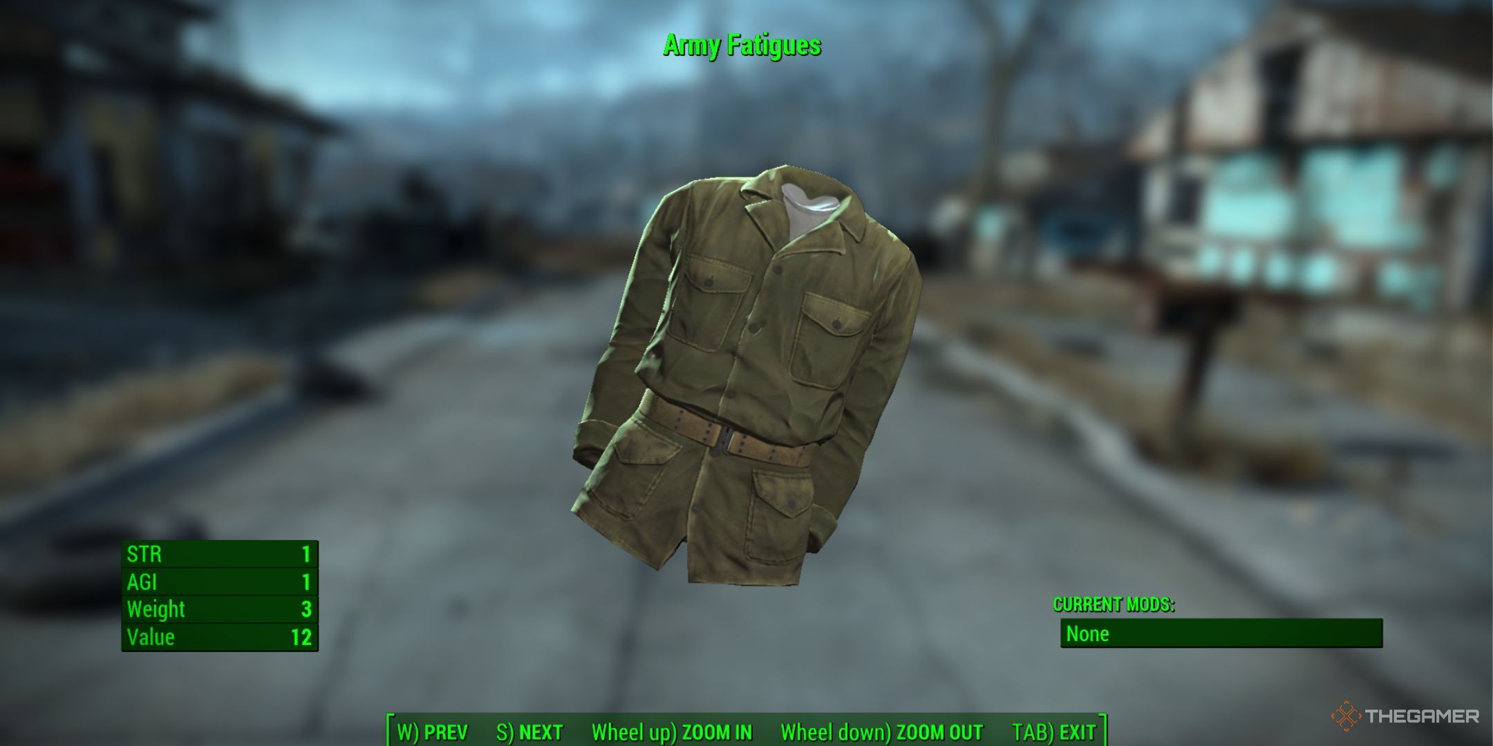 Typical, dark green army fatigues with pockets, buttons, and a tan belt.