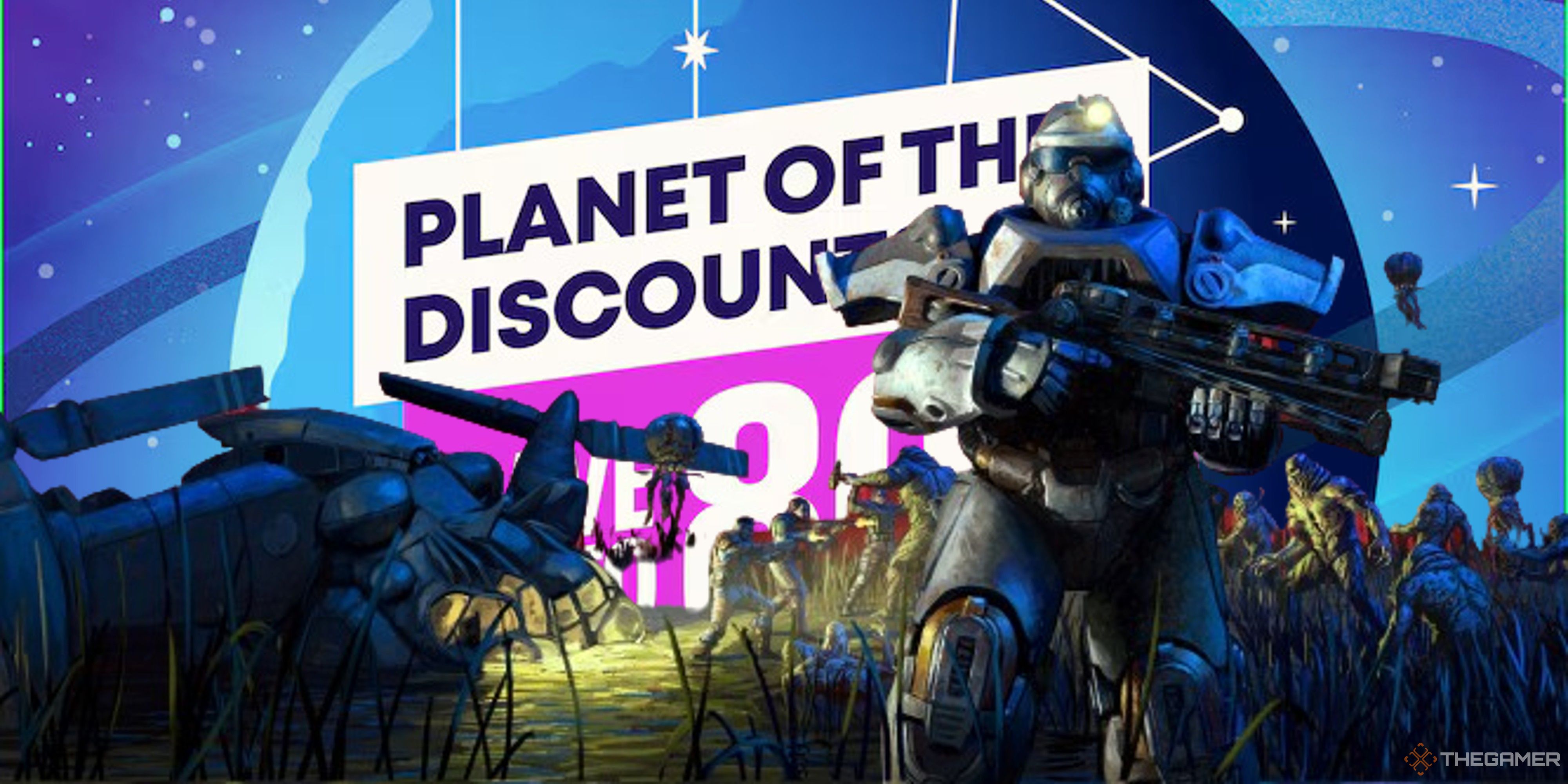 fallout 76 power armor with playstation's planet of the discounts behind it