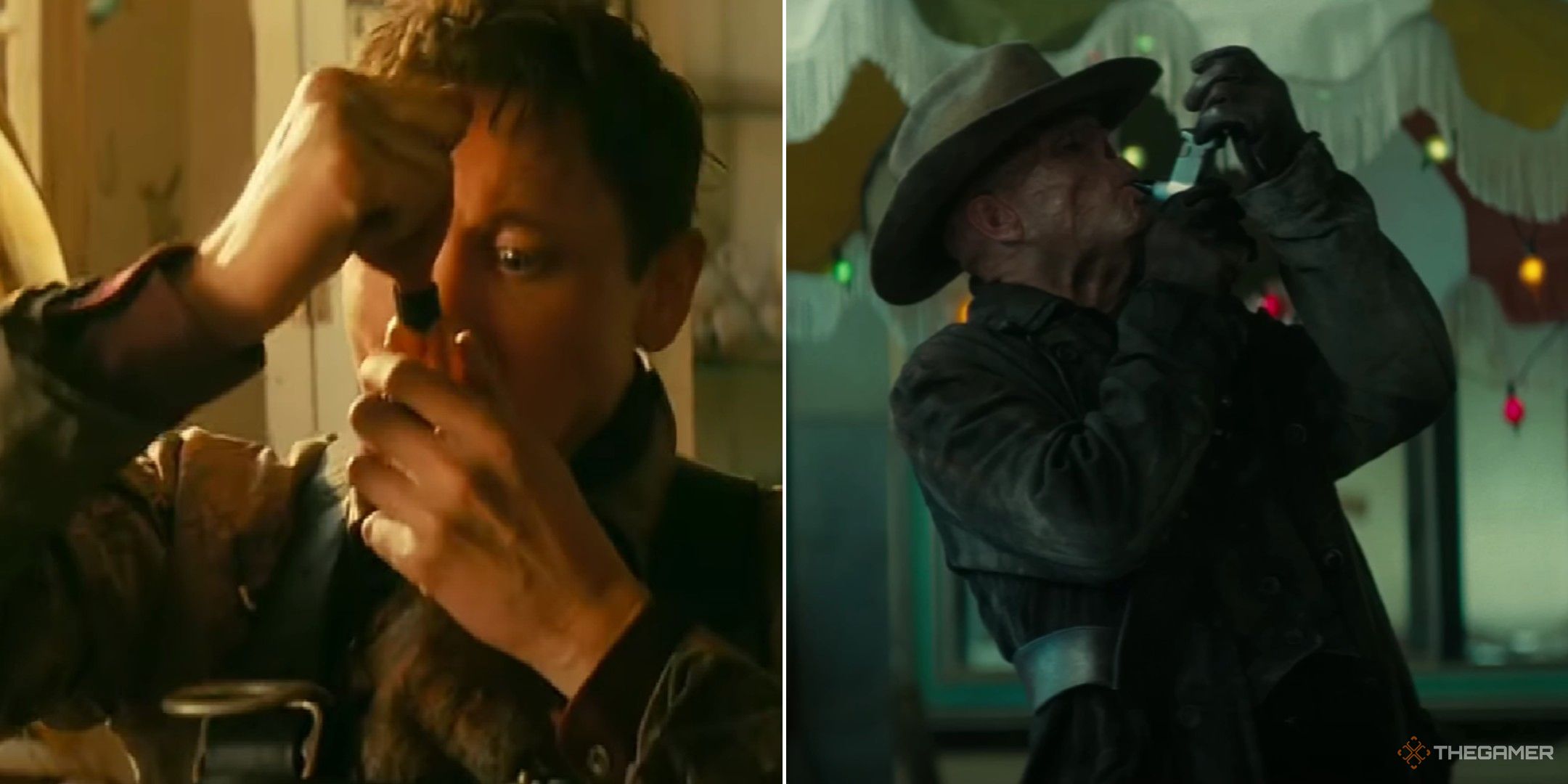 Fallout show image showing thaddeus and the ghoul inhaling one of the vials