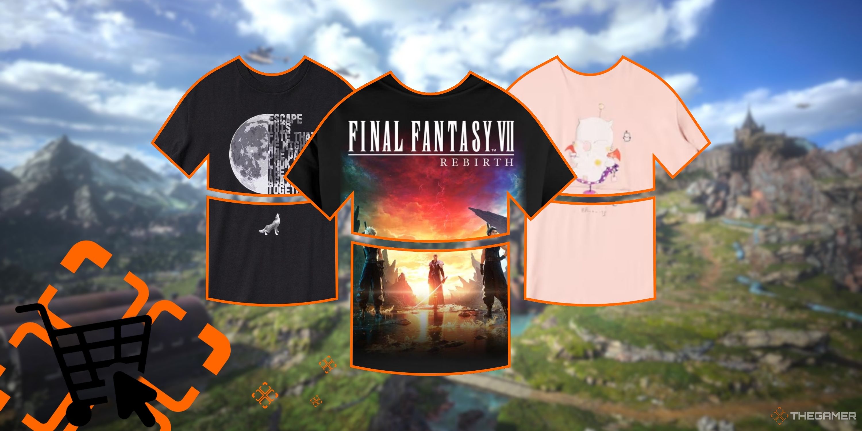 Final Fantasy T-Shirts in frames over FF7 background