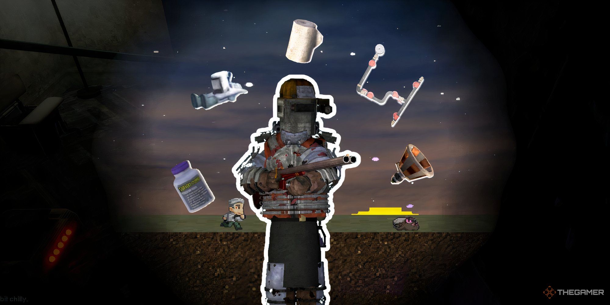Player in FORGE gear holding a gun, with in-game dream sequence as backdrop and various resources from Abiotic Factor