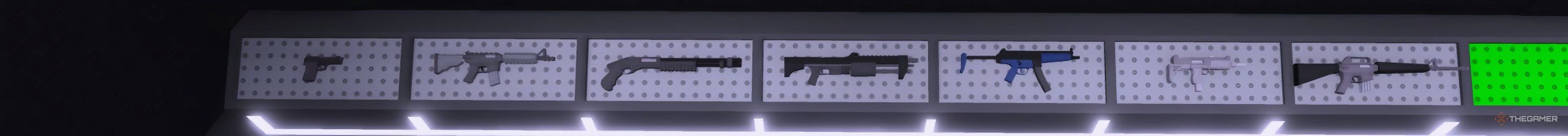 A rack of guns that you can choose from in the Roblox game Criminal Tycoon.