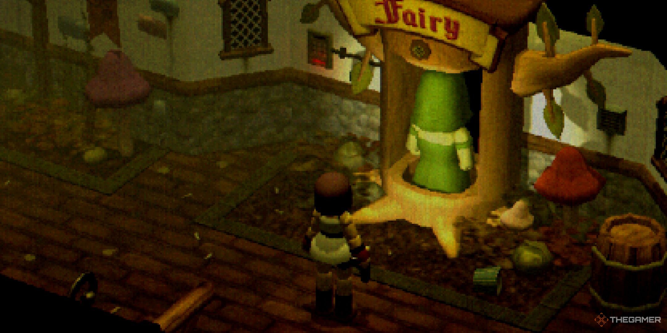 A player standing near the Forest Fairy Lady in Fairytale Town in Crow Country.