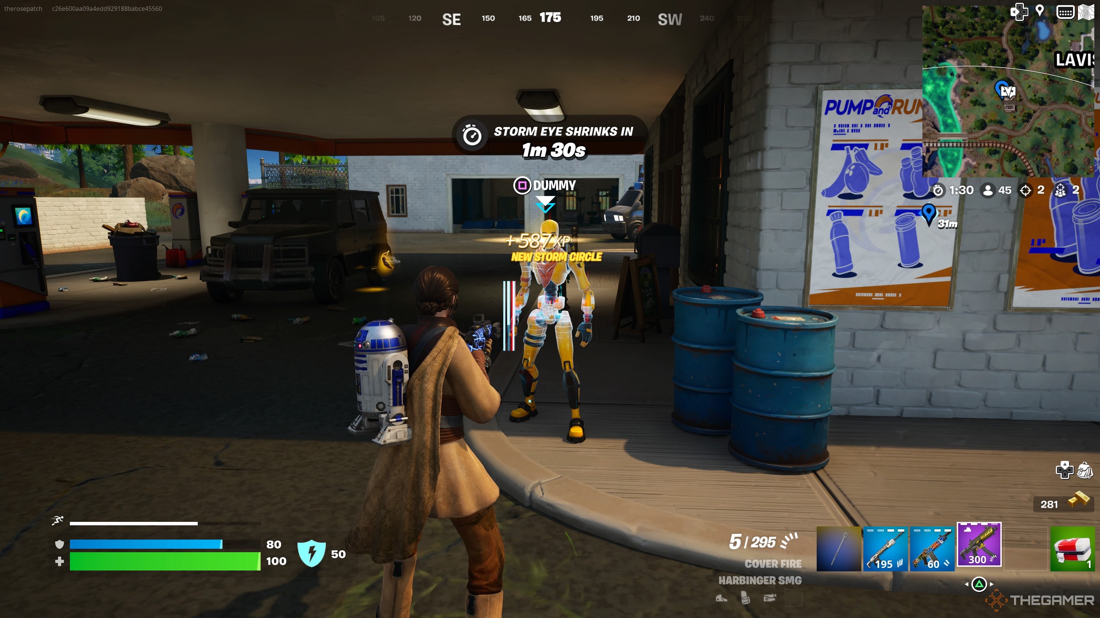 Talking to Dummy at the gas station west of Lavish Lair in Fortnite Chapter 5 Season 2.