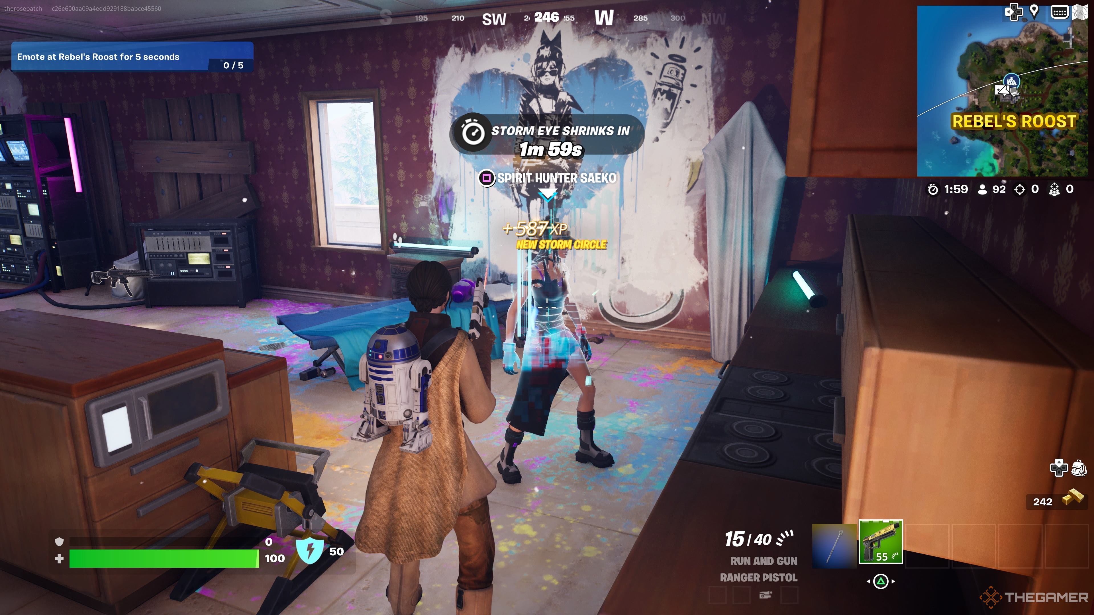 Talking to Spirit Hunter Saeko at Rebel's Roost in Fortnite Chapter 5 Season 2.