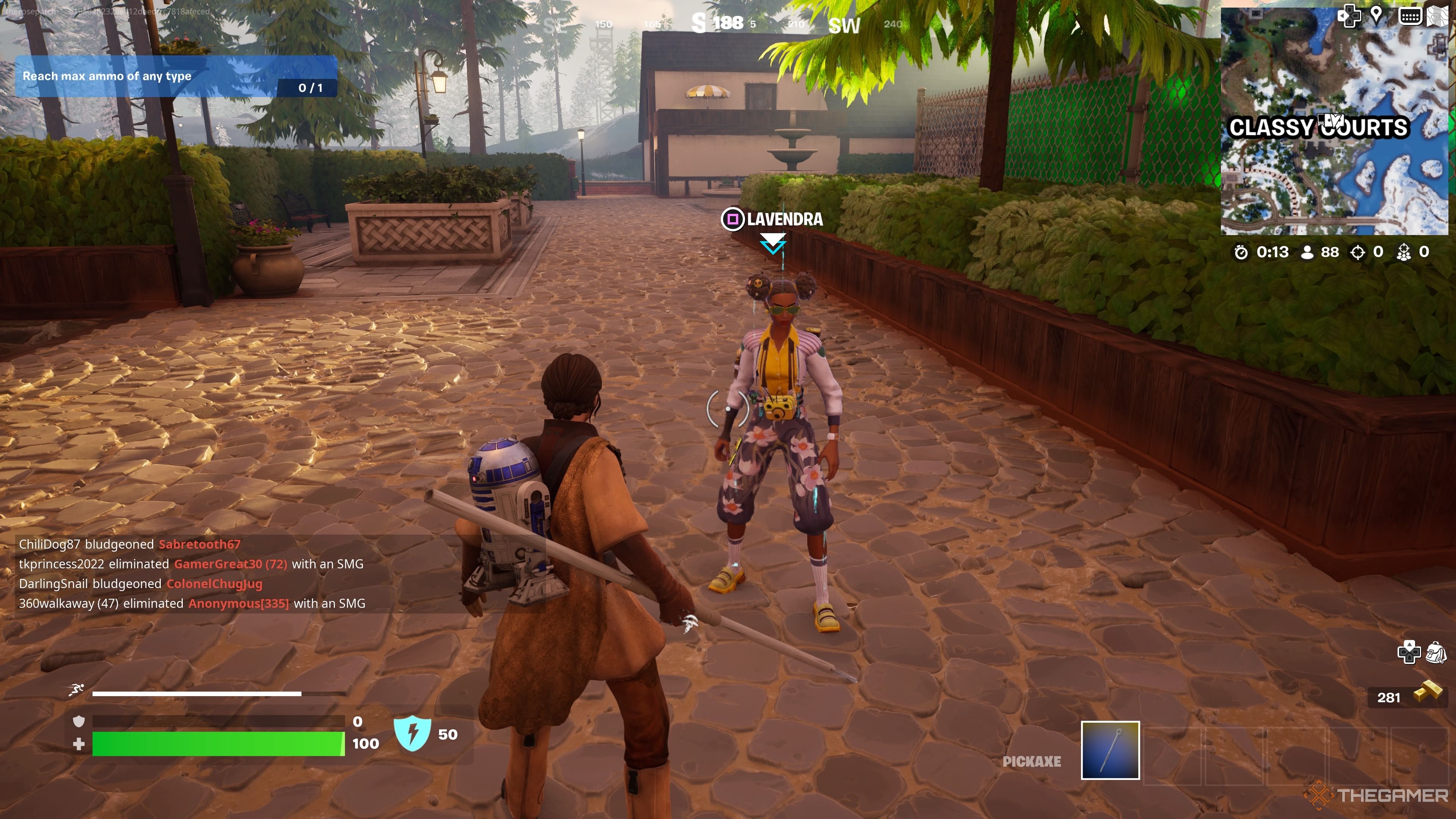 Talking to Lavendra at Classy Courts in Fortnite Chapter 5 Season 2.