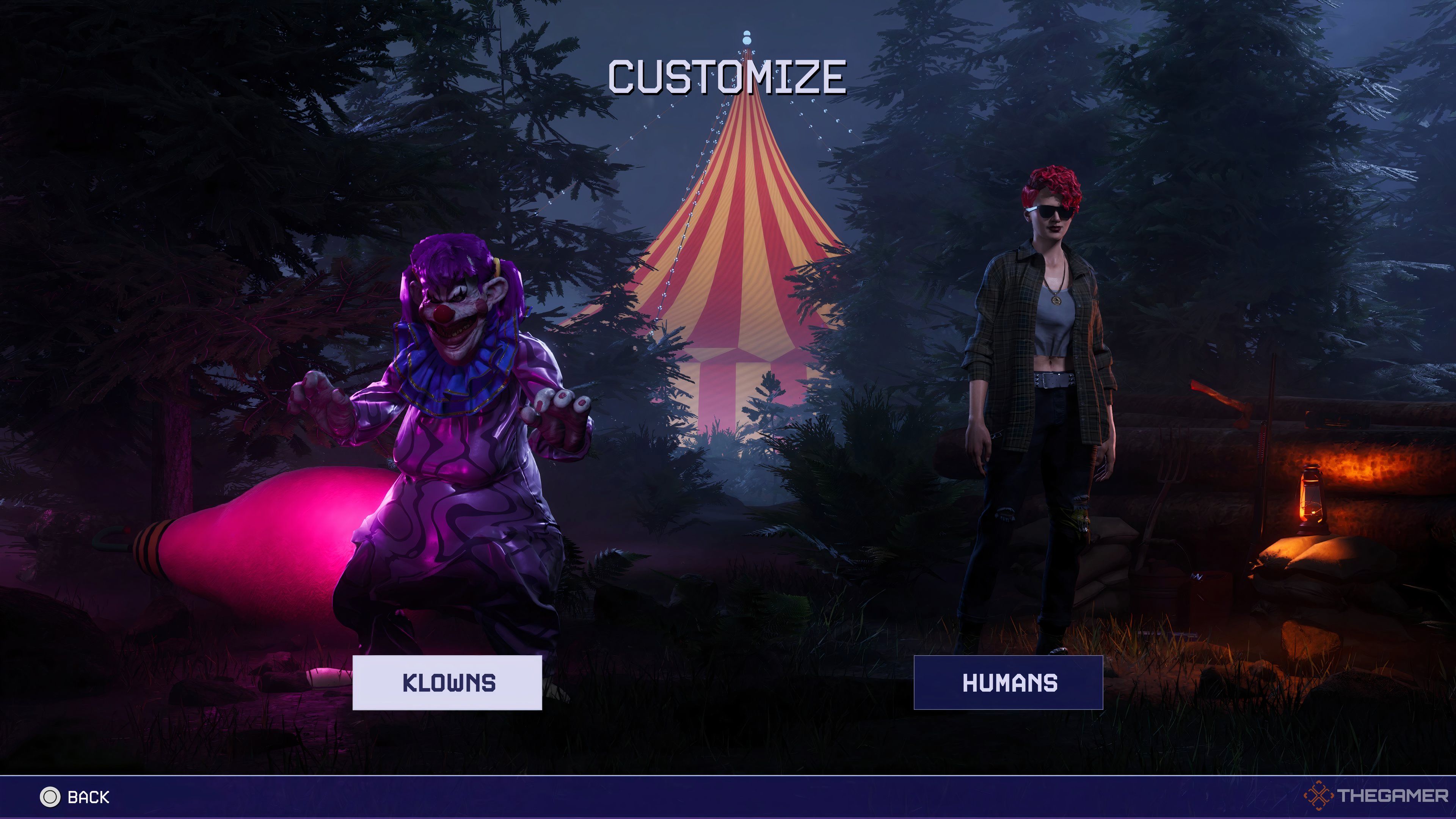 Screenshot of first loadout screen where you choose Klown (left) or human (right) in Killer Klowns From Outer Space: The Game.