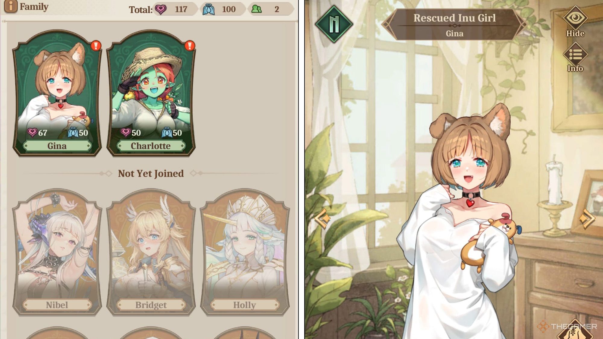 Isekai Slow Life - Family members displayed on left and Gina's full portrait on right