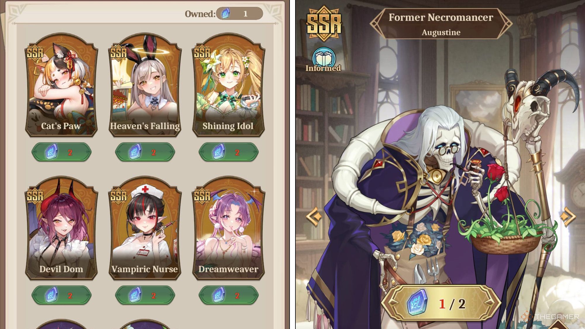 Isekai Slow Life -  Fellows and their prices displayed on left and a retired necromancher fellow on right side