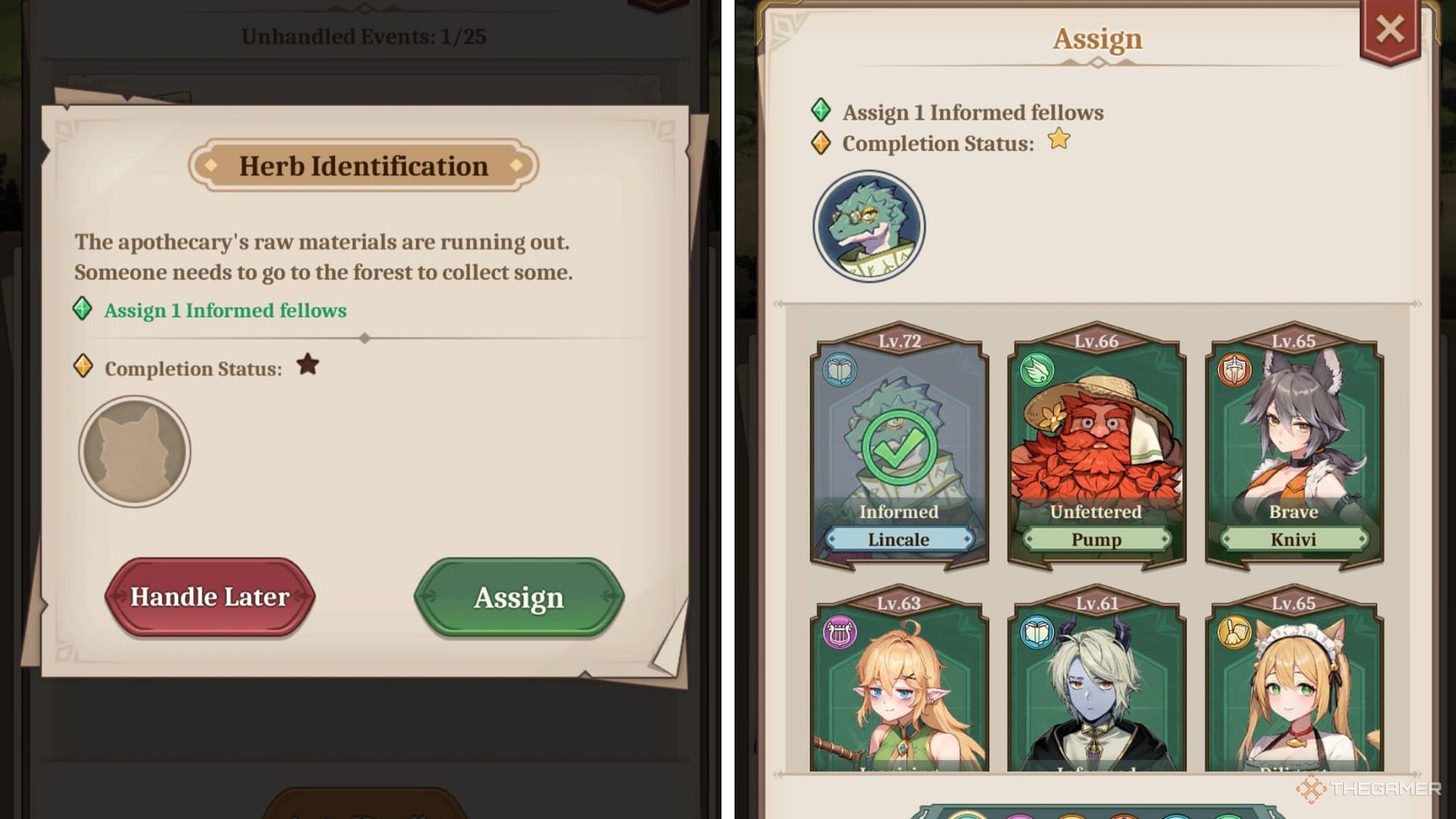 Isekai Slow Life -  Player is assigning a Fellow to an event