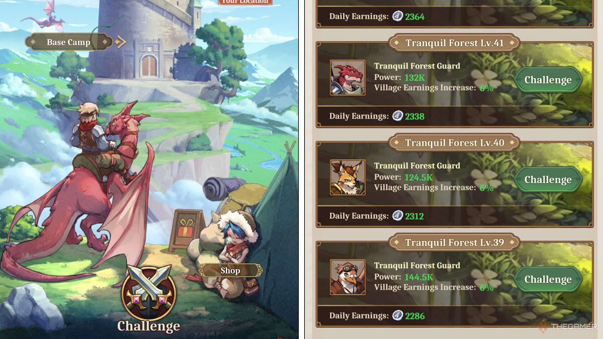 Isekai Slow Life -  Player riding a dragon in front of a tower in left side and forest guardians displayed on right side
