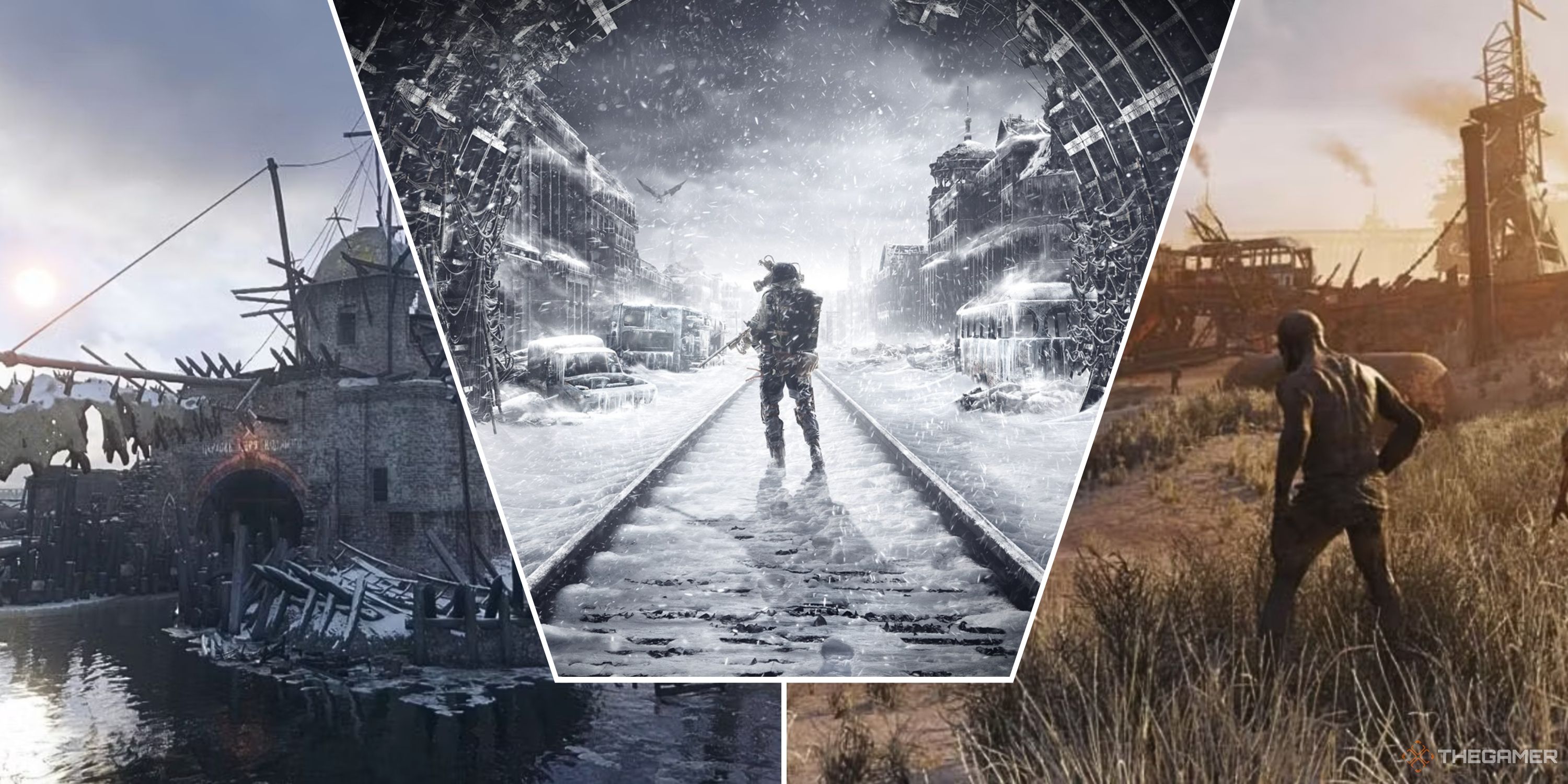 Collage image featuring two in-game locations in Metro Exodus and the cover art showing a person standing in a worn down tunnel 