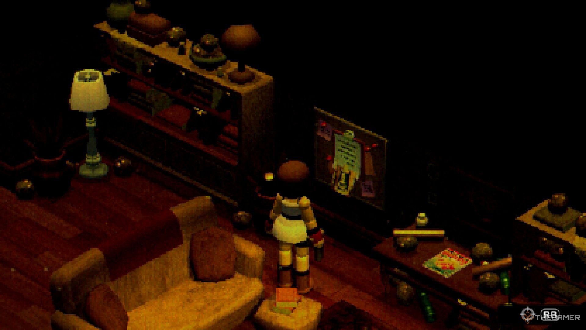 A player standing near the Staff Memo on the pinboard in the Crow's Lounge in Crow Country.