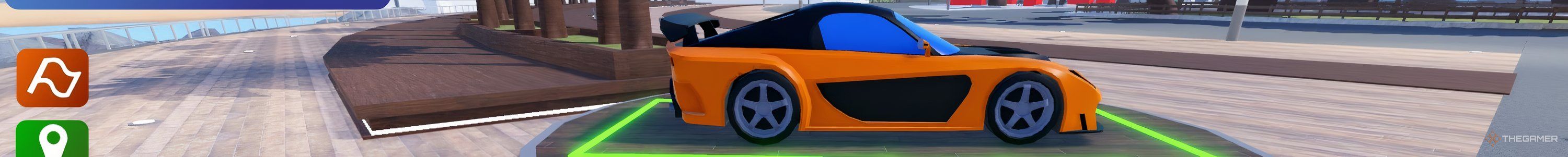 An orange sports car parked on a sidewalk in the Roblox game DownForce Stunt Driving.