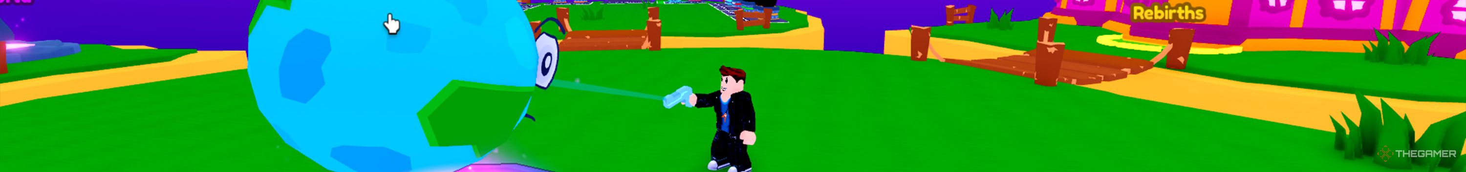 A Roblox character shoots a planet with a laser beam in Planet Destroyers (slim image).