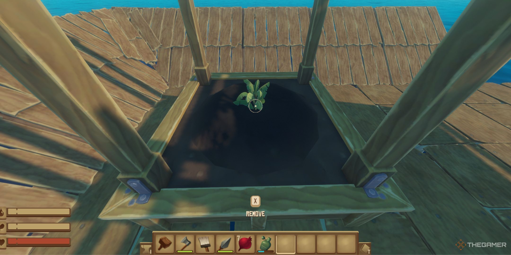 A player watering their young, green banana sapling in a crop patch.