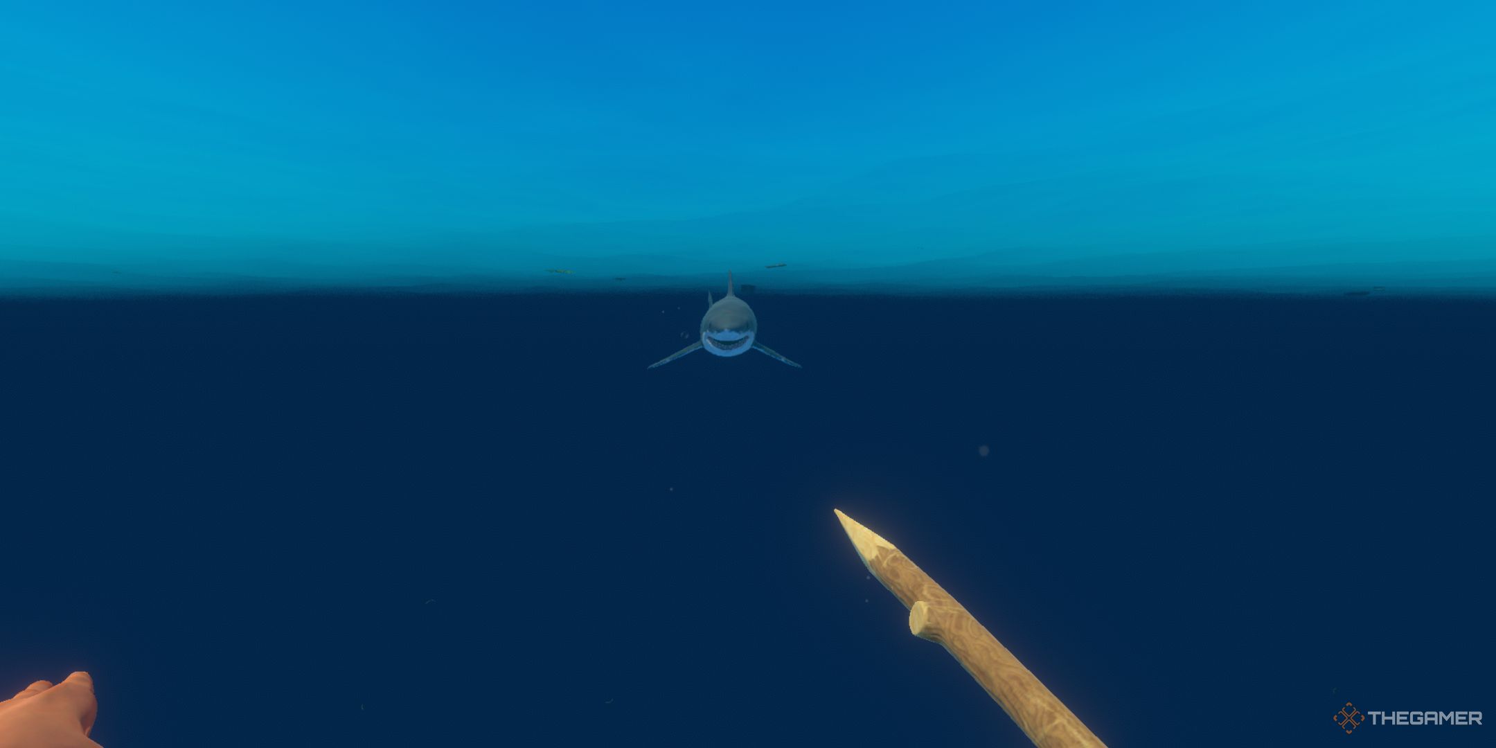 A first-person view of a player wielding a wooden spear towards an approaching shark.
