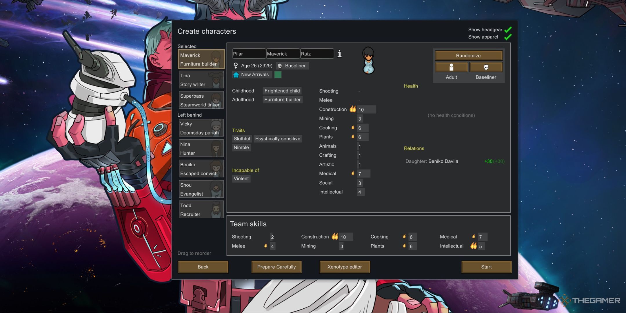 RimWorld Character selection screen