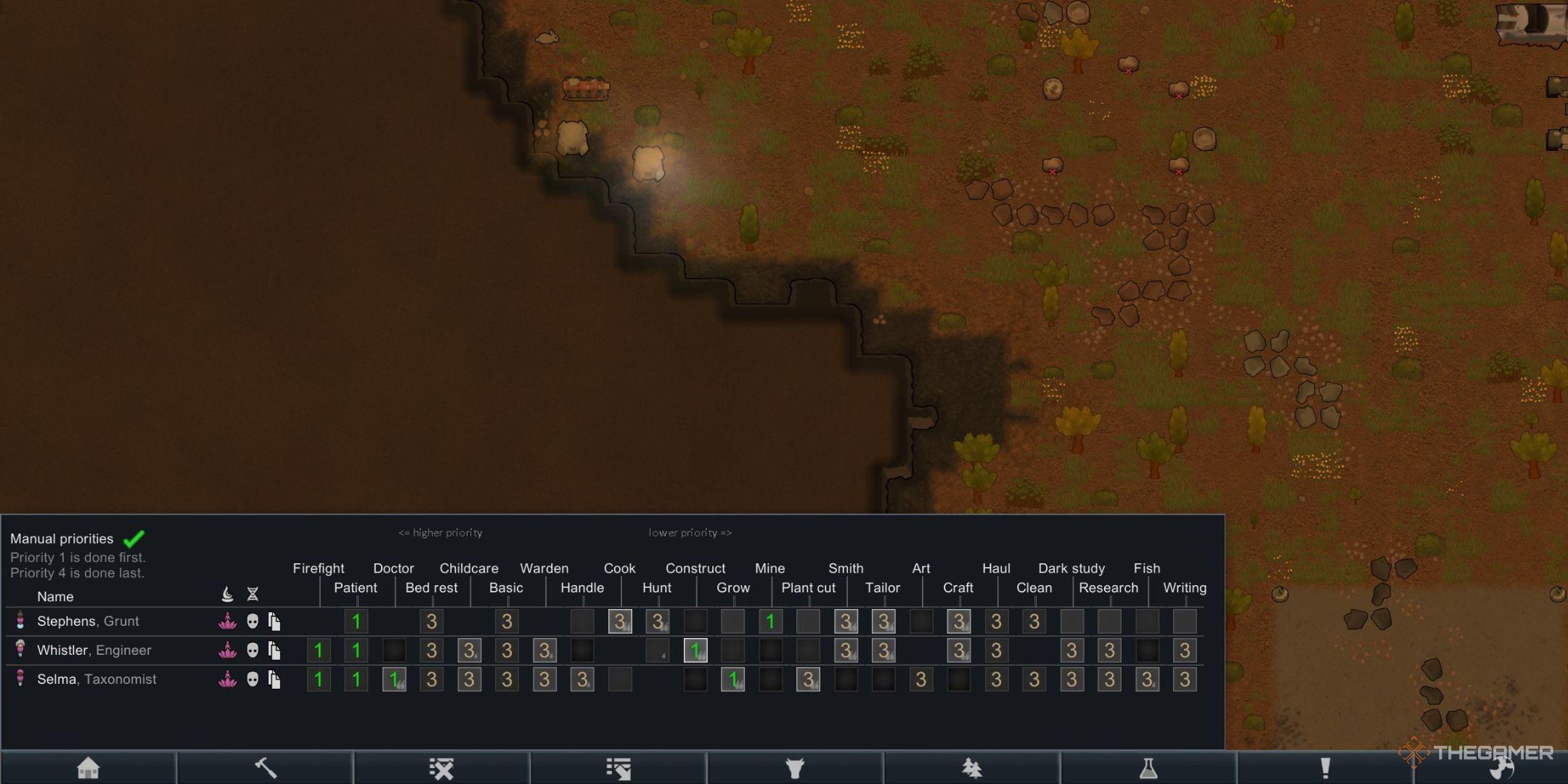 RimWorld Priorities tab with manual priorities