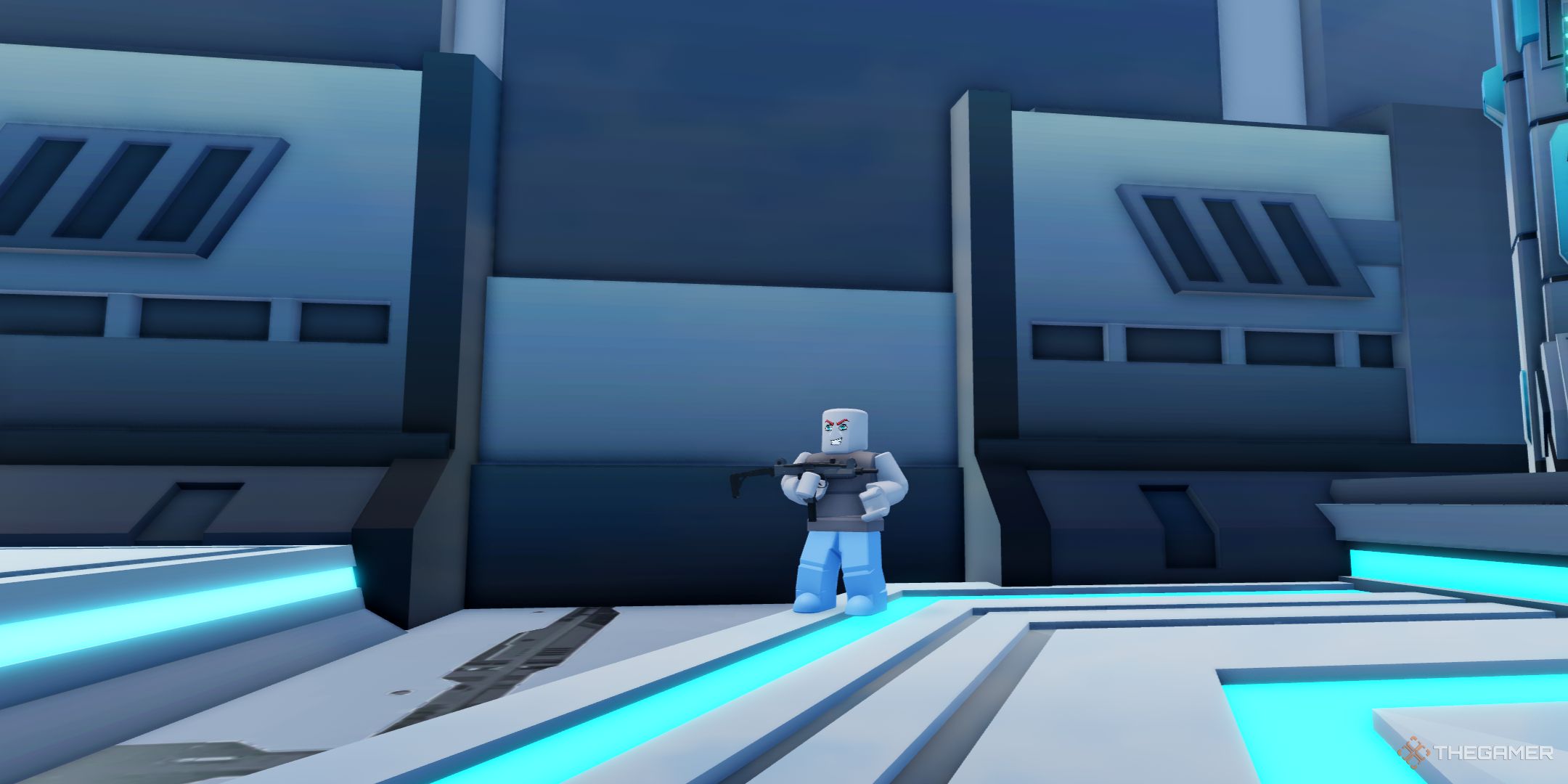 A player character standing in Skibidi Warriors on Roblox, holding a UZI weapon.