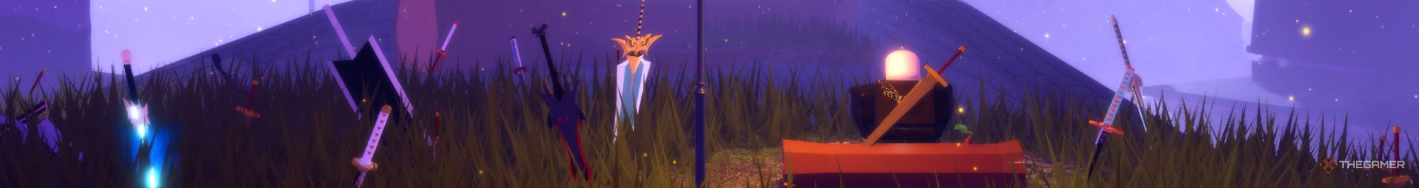 a lone hero surrounded by swords on the title screen for legends rewritten, roblox