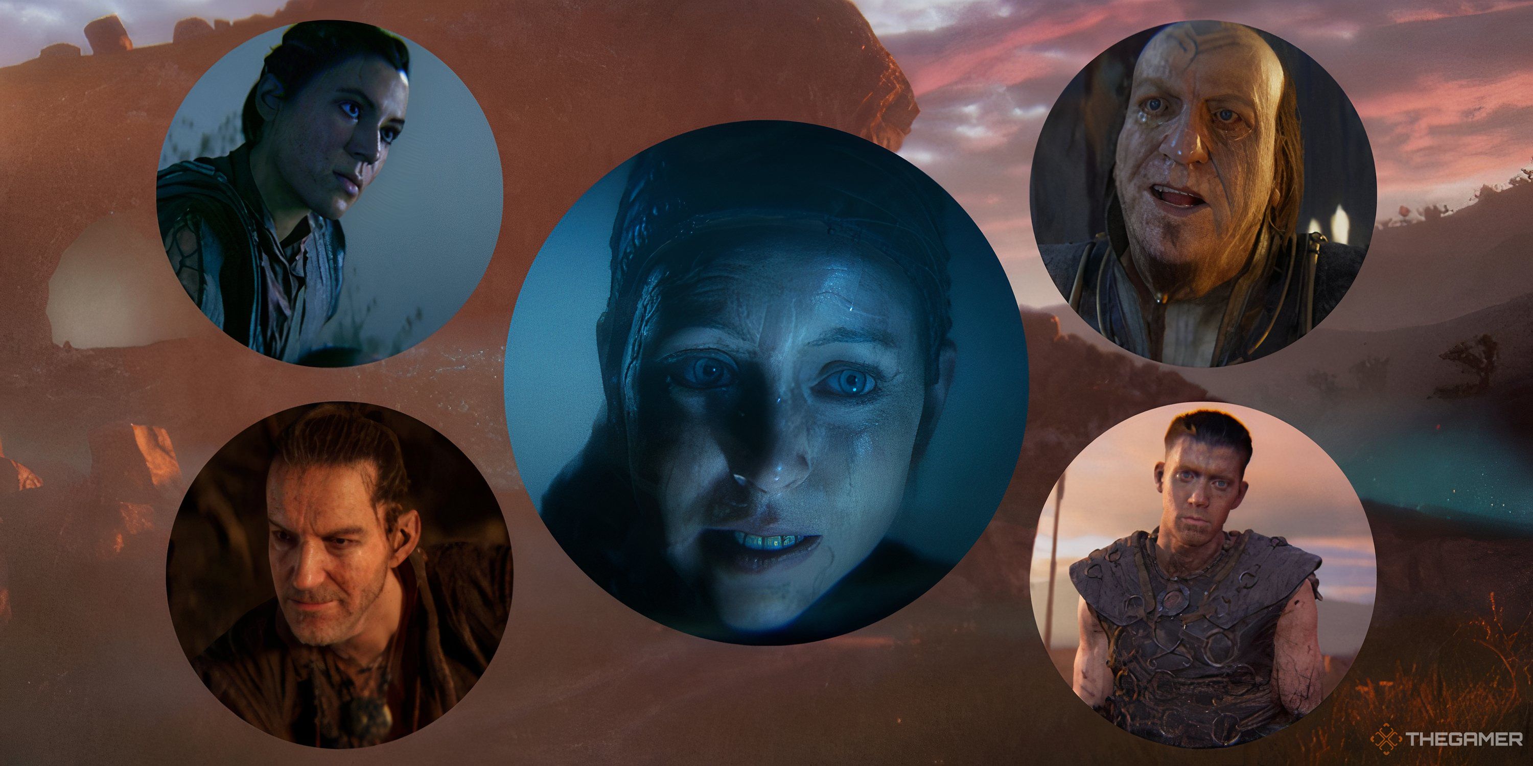 Senua’s Saga Hellblade 2 - All Main Characters And Their Voice Actors Feature Image With Senua, Fargrimr, Astridr, Thorgestr, And The Godi All In Circles Amid A Beautiful Landscape