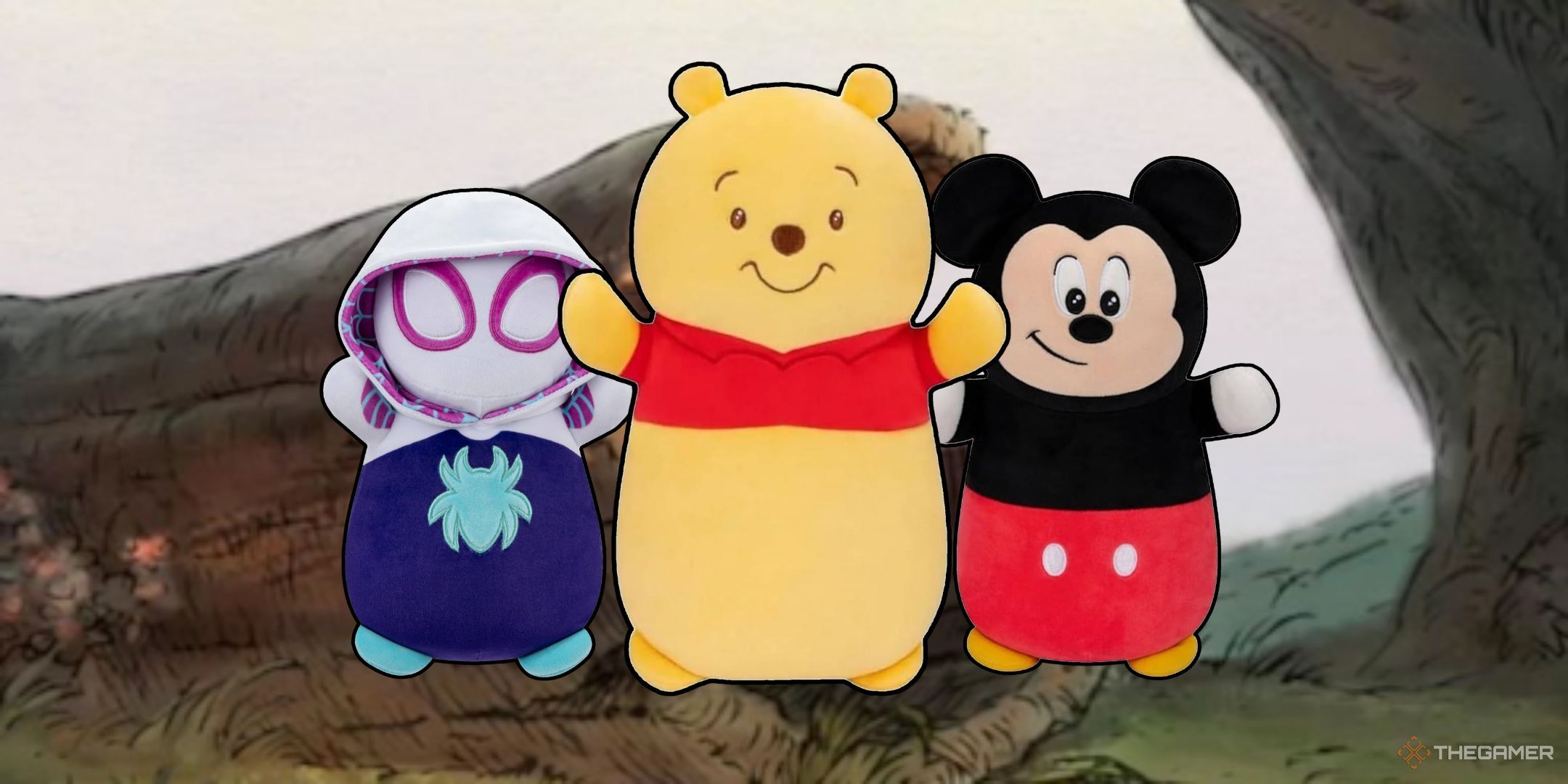 Squishmallows Hugmees Featured Image 100 acre wood log in the background, while in the foreground is Winnie The Pooh, Spider-Gwen, and Mickey Mouse