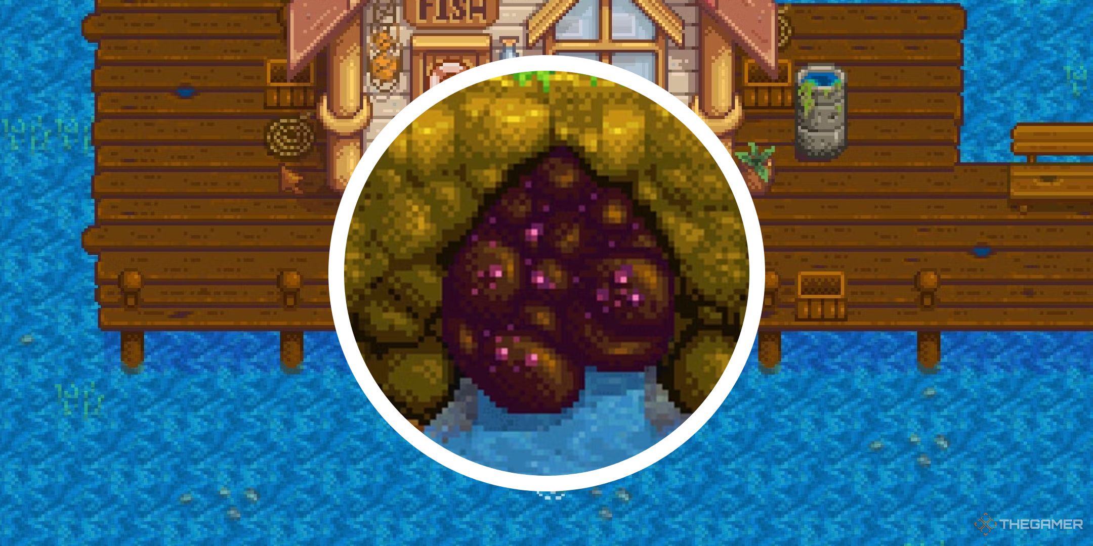 stardew valley image of beach fish shop with circle png of glittering boulder