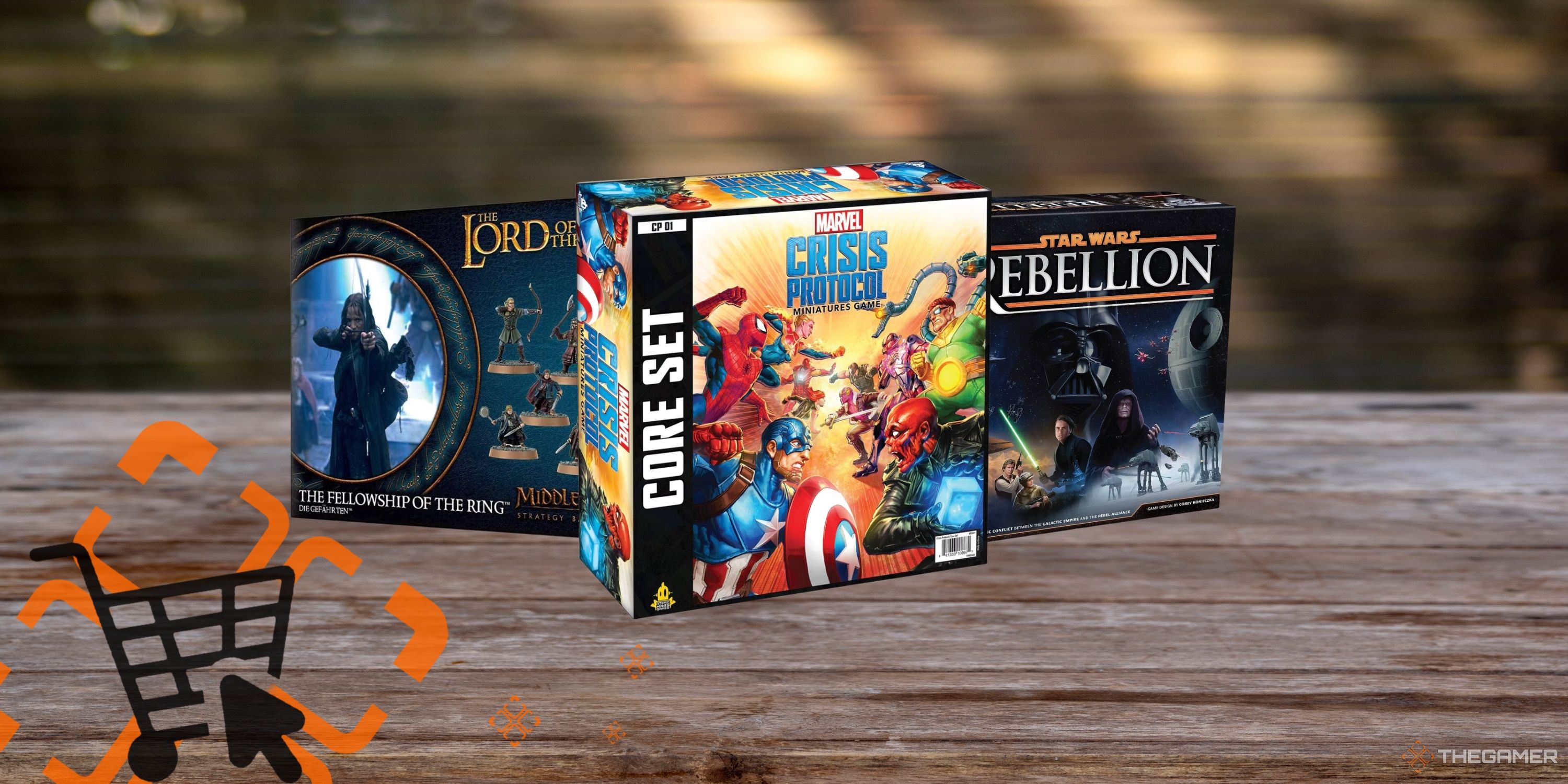 Collage image featuring three table top games (lord of the rings, Marvel Crisis Protocol, and Star Wars Rebellion) sitting on wooden table