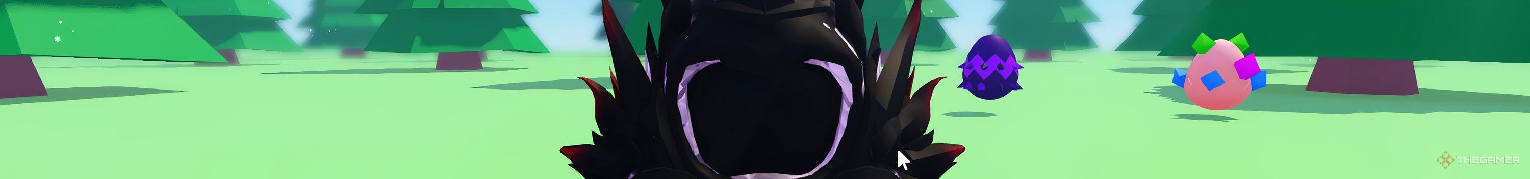 A Roblox head wearing a spikey black mask stays still in a forest in UGC Don't Move.