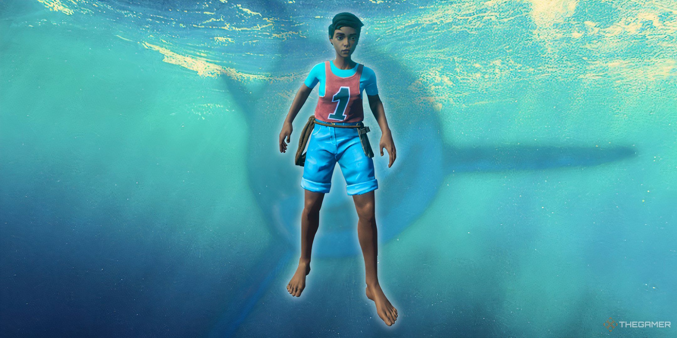 A short-haired character wearing blue jean shorts with a teal t-shirt and a red tank top seen underwater with a semi-transparent shark behind them.
