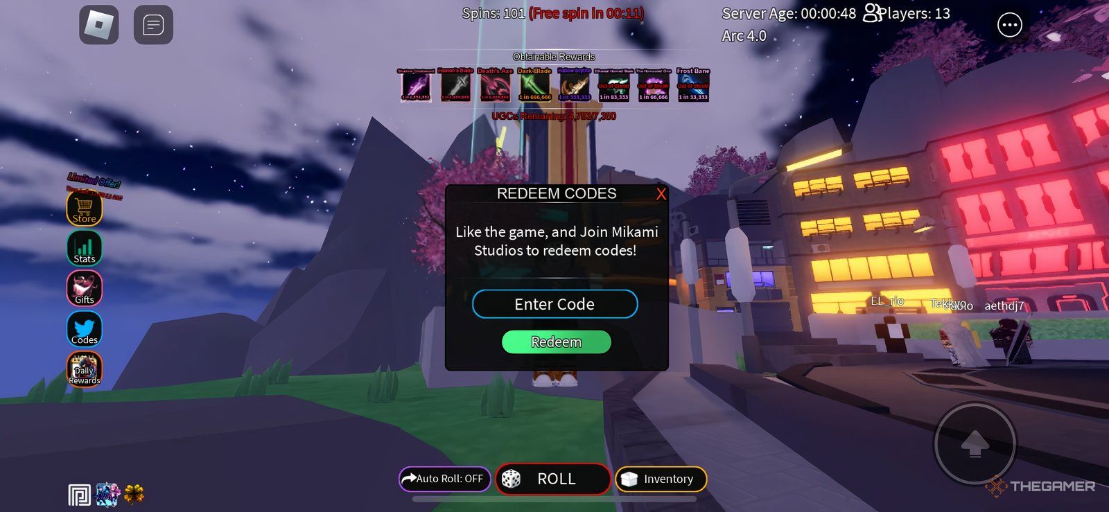 Redeem codes menu in UGC RNG with a text box for entering codes