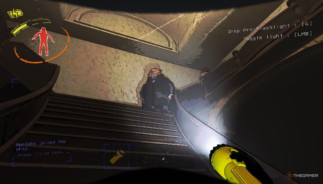 Player character shining a flashlight on two Butlers that are following them down stairs in Lethal Company.