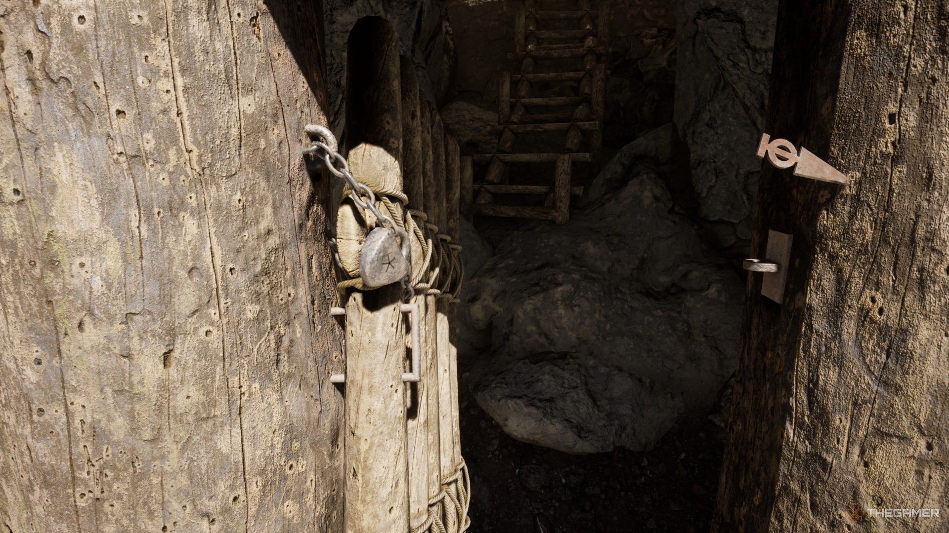 the locked door on Temple Island in Riven (2024), with its hinge pin removed and pushed open