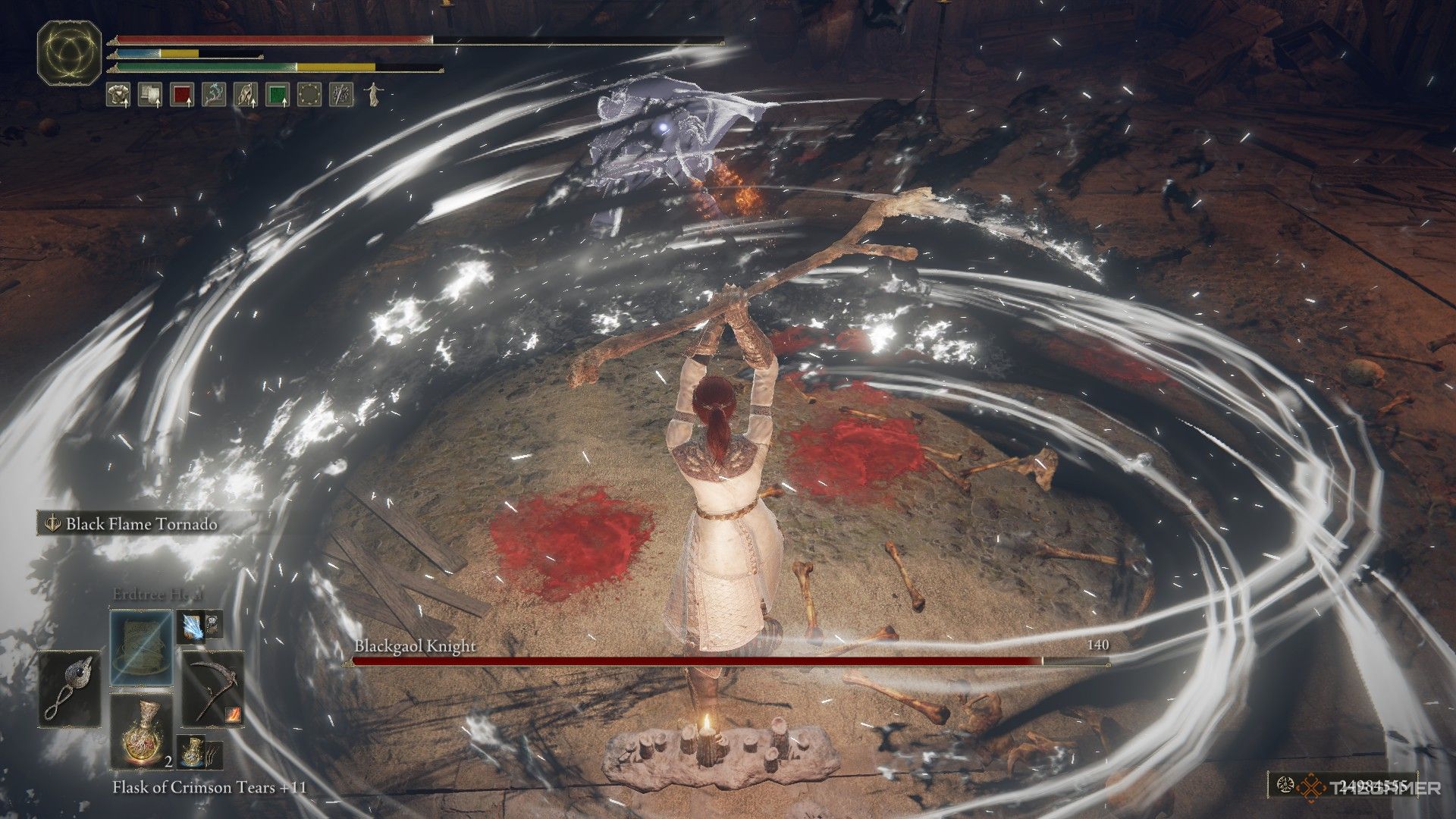 Player uses Black Flame Tornado on the Blackgaol Knight in Elden Ring: Shadow of the Erdtree.