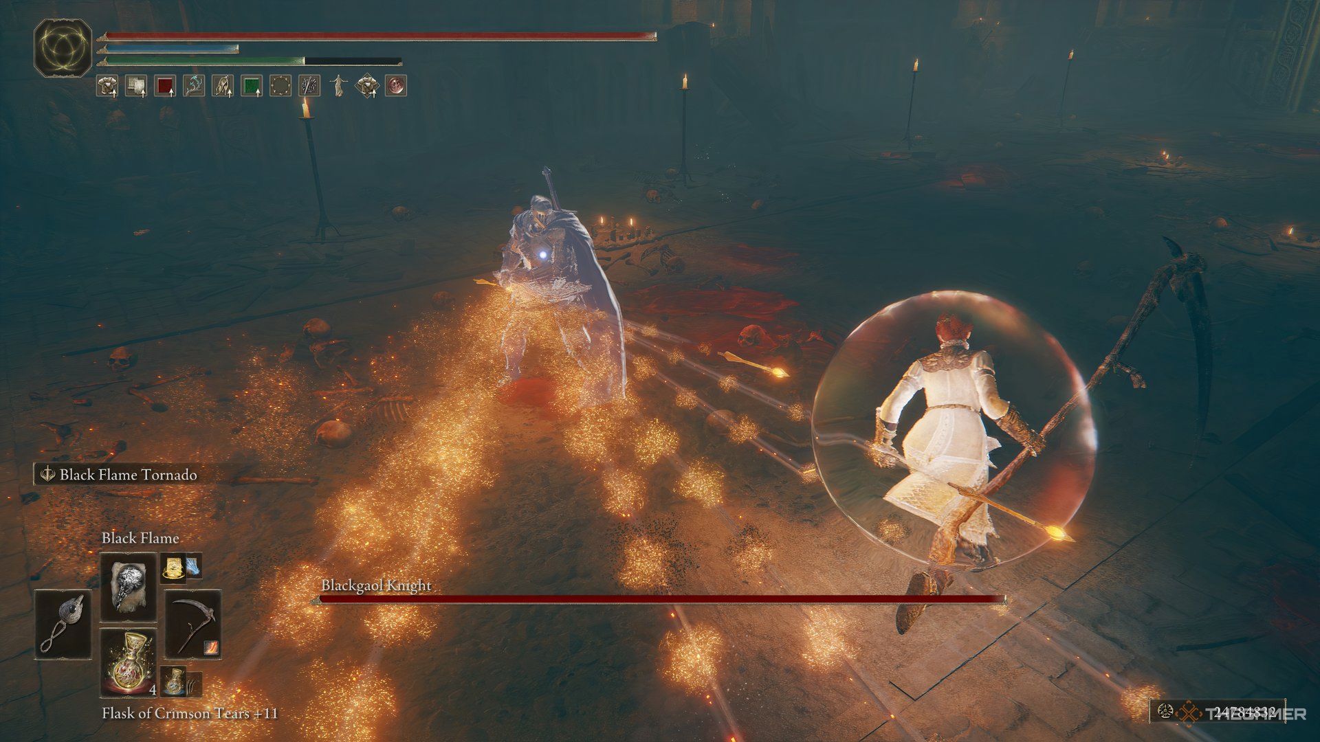 Player avoids fanning shots of the Blackgaol Knight during combat in Elden Ring: Shadow of the Erdtree.