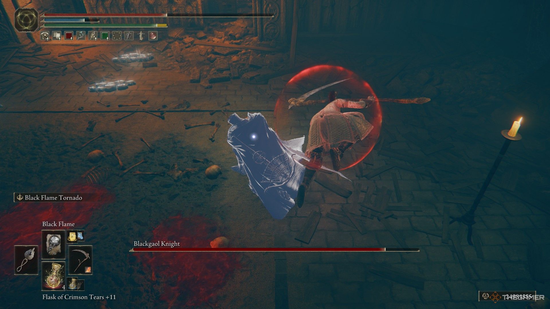 Player jumps over the Blackgaol Knight's attack in Elden Ring: Shadow of the Erdtree.