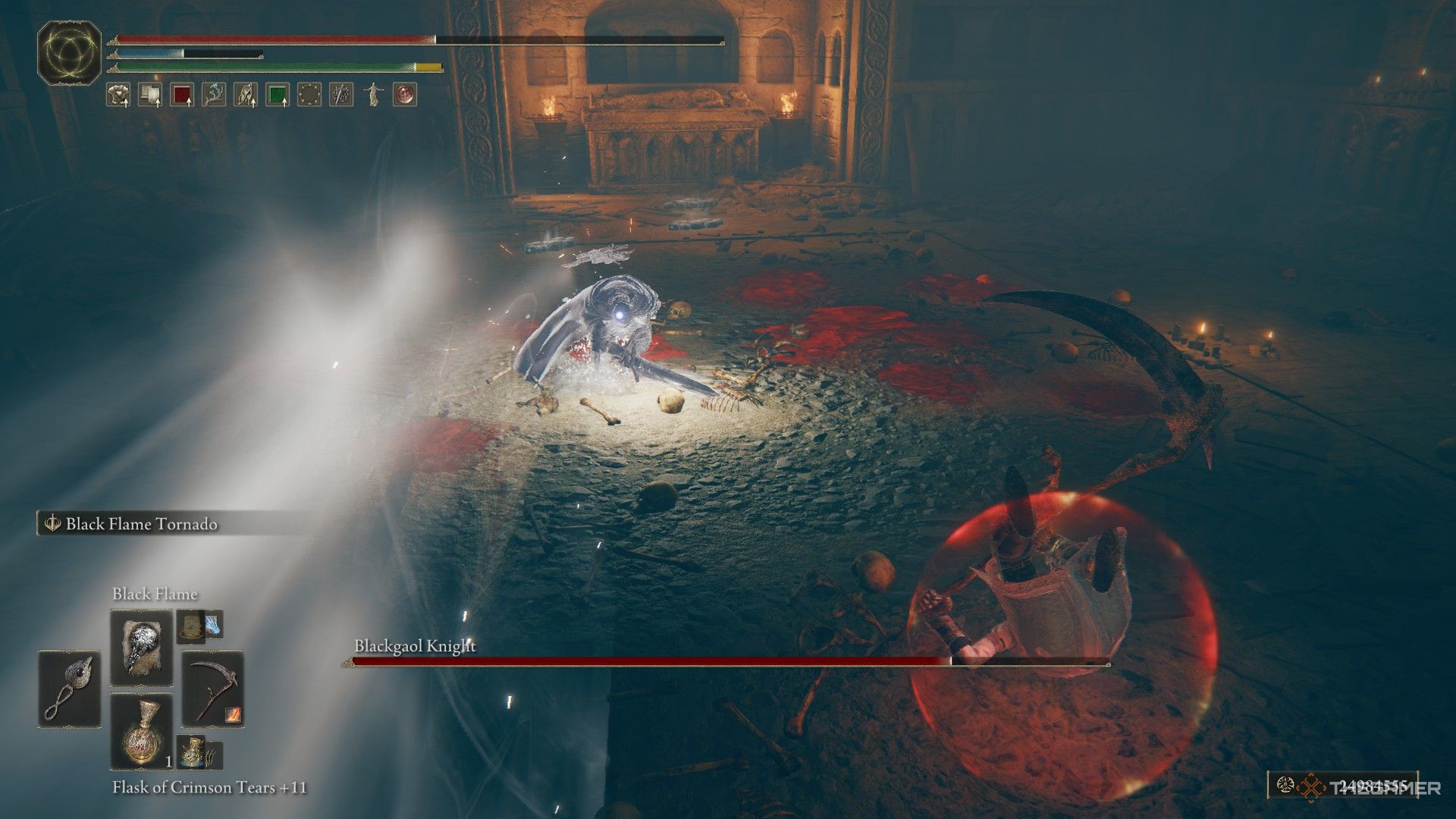 Blackgaol Knight uses Solitary Moon Slash on the Tarnished as they roll away in Elden Ring: Shadow of the Erdtree.