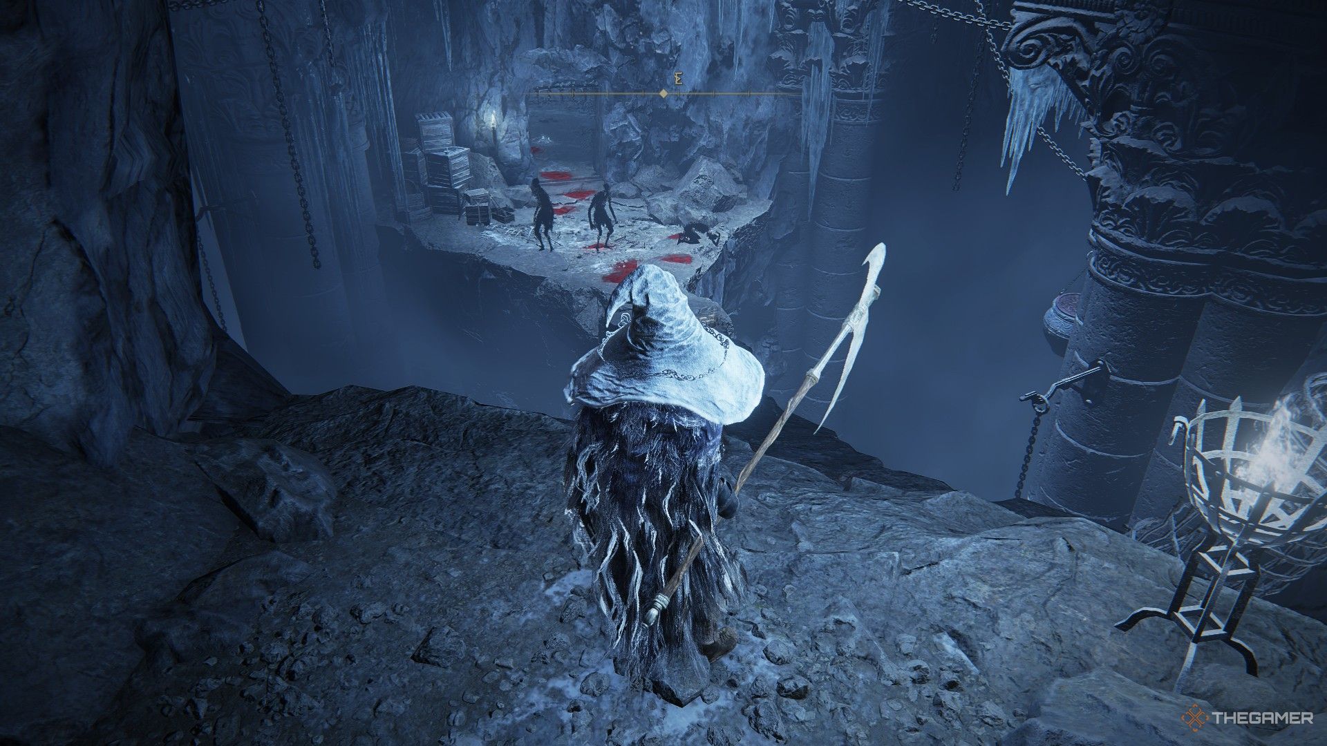 Player stands at the top of the land bridge in Lamenter's Gaol in Elden Ring: Shadow of the Erdtree.
