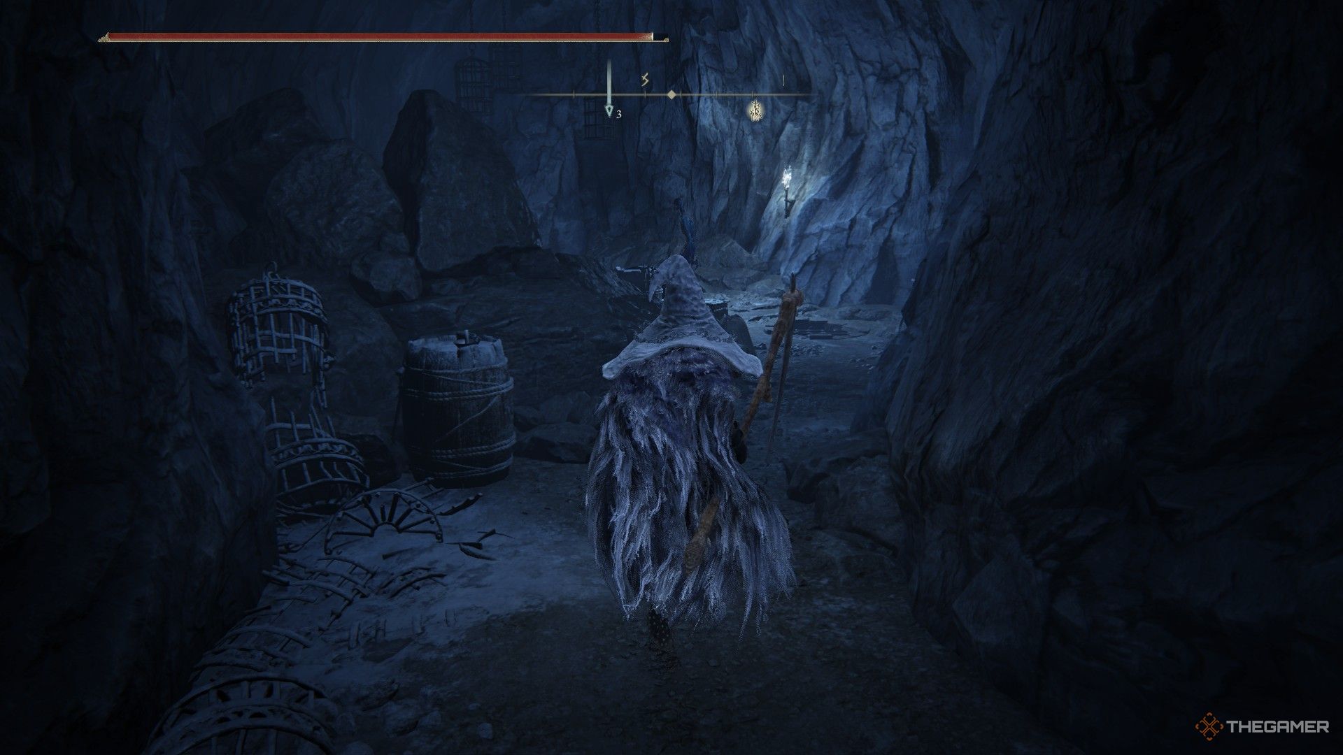 Player looks into room that houses the Gaol Upper Level Key in Lamenter's Gaol, Elden Ring: Shadow of the Erdtree.