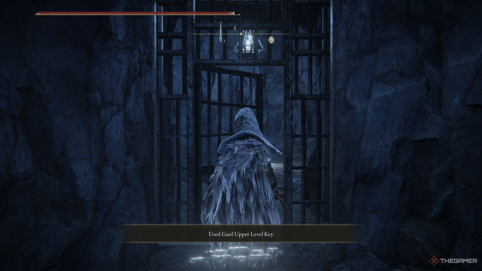 Player uses the Upper Gaol Key to open the door in Lamenter's Gaol, Elden Ring: Shadow of the Erdtree.