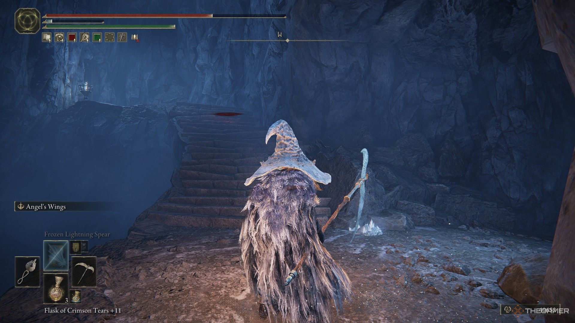 Player stands at top of Lamenter's Gaol stairs after defeating an enemy shade in Elden Ring: Shadow of the Erdtree.