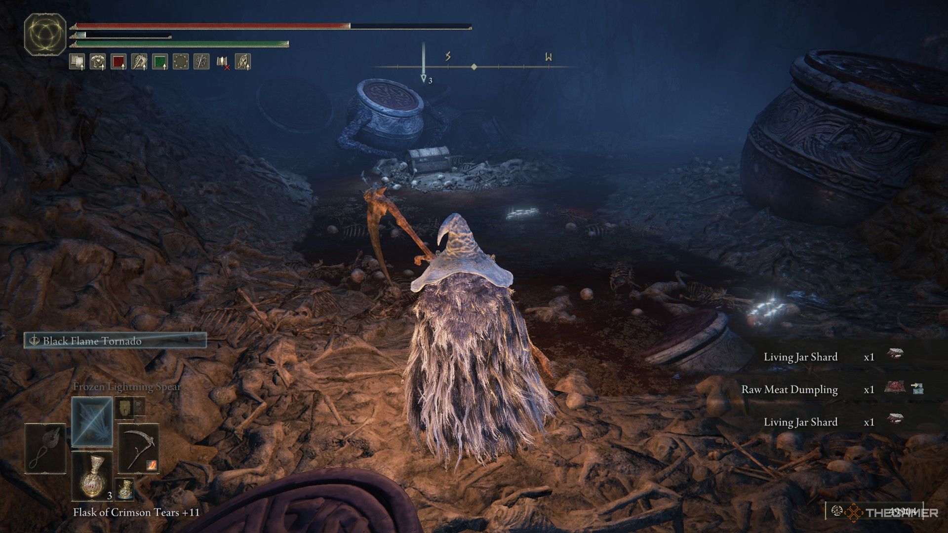 Player faces the jar digging around the chest that houses the Lower Gaol Key of Lamenter's Gaol in Elden Ring: Shadow of the Erdtree.