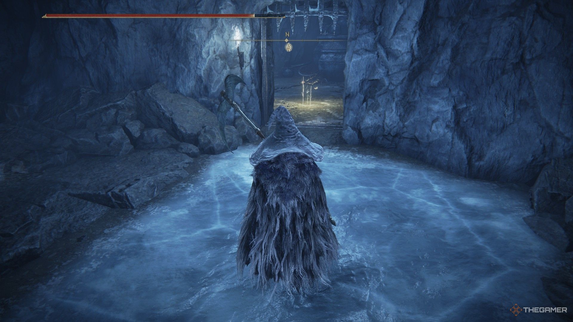 Player looks at their dropped runs in the north side of the Ice Room in Lamenter's Gaol in Elden Ring: Shadow of the Erdtree.