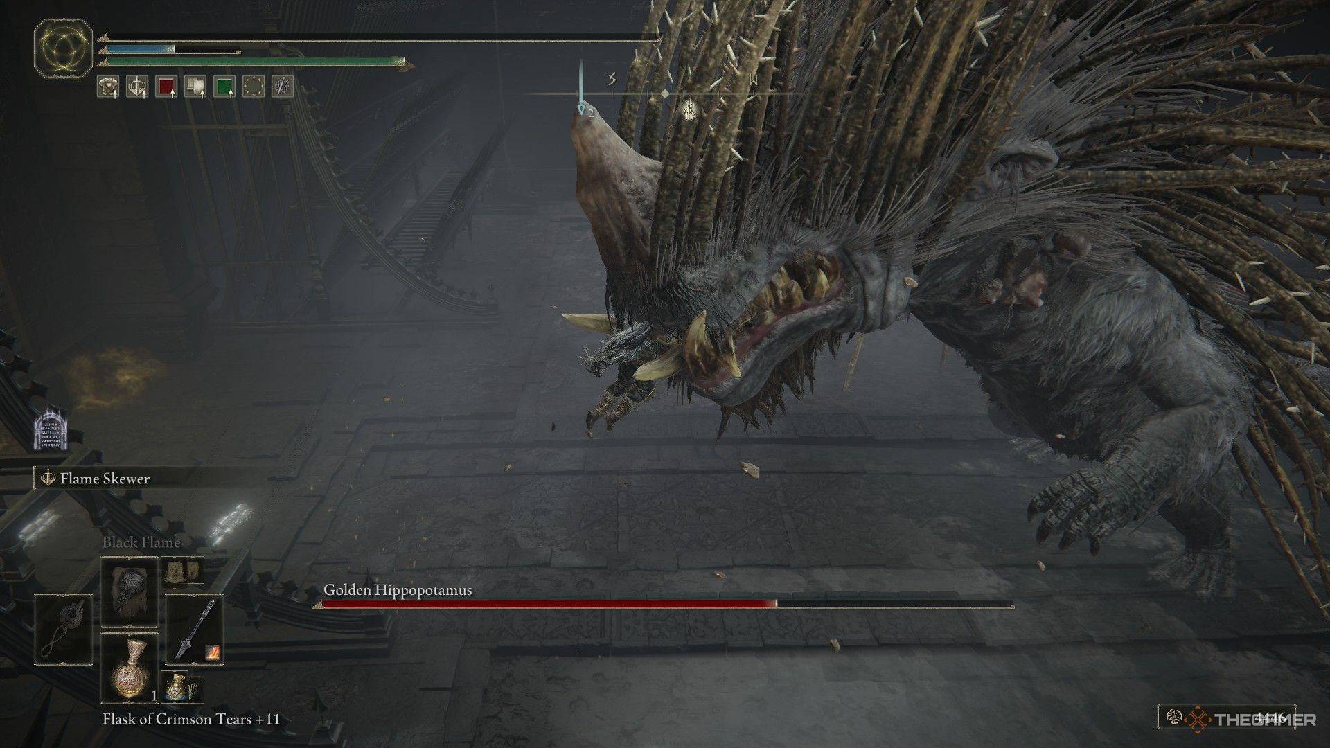Golden Hippopotamus chews on the player in Elden Ring: Shadow of the Erdtree.