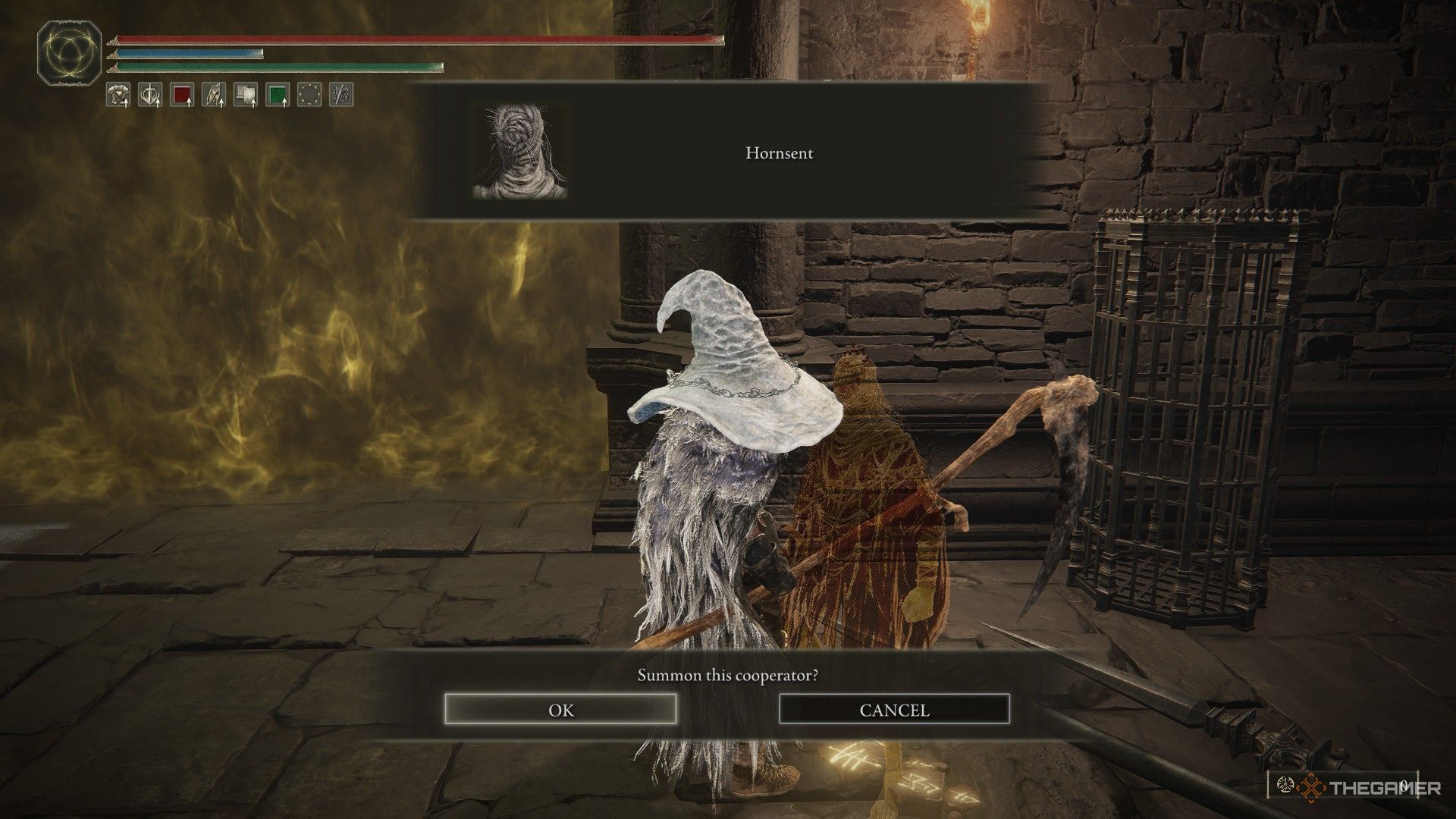 Player summons Hornsent to aid them in the Golden Hippopotamus fight in Elden Ring: Shadow of the Erdtree.