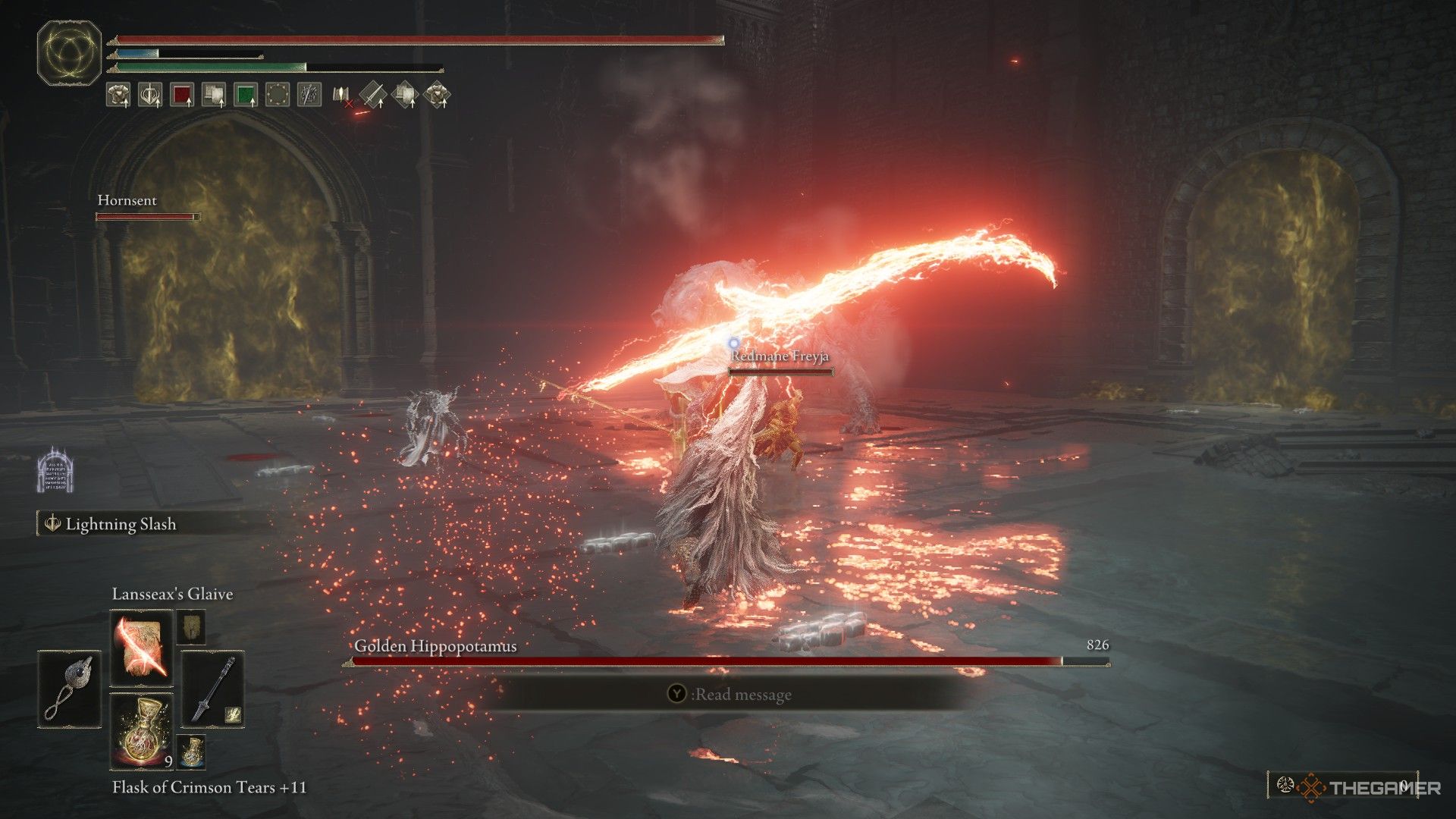 Player uses Lansseax's Glaive Incantation against the Golden Hippo in Elden Ring: Shadow of the Erdtree.